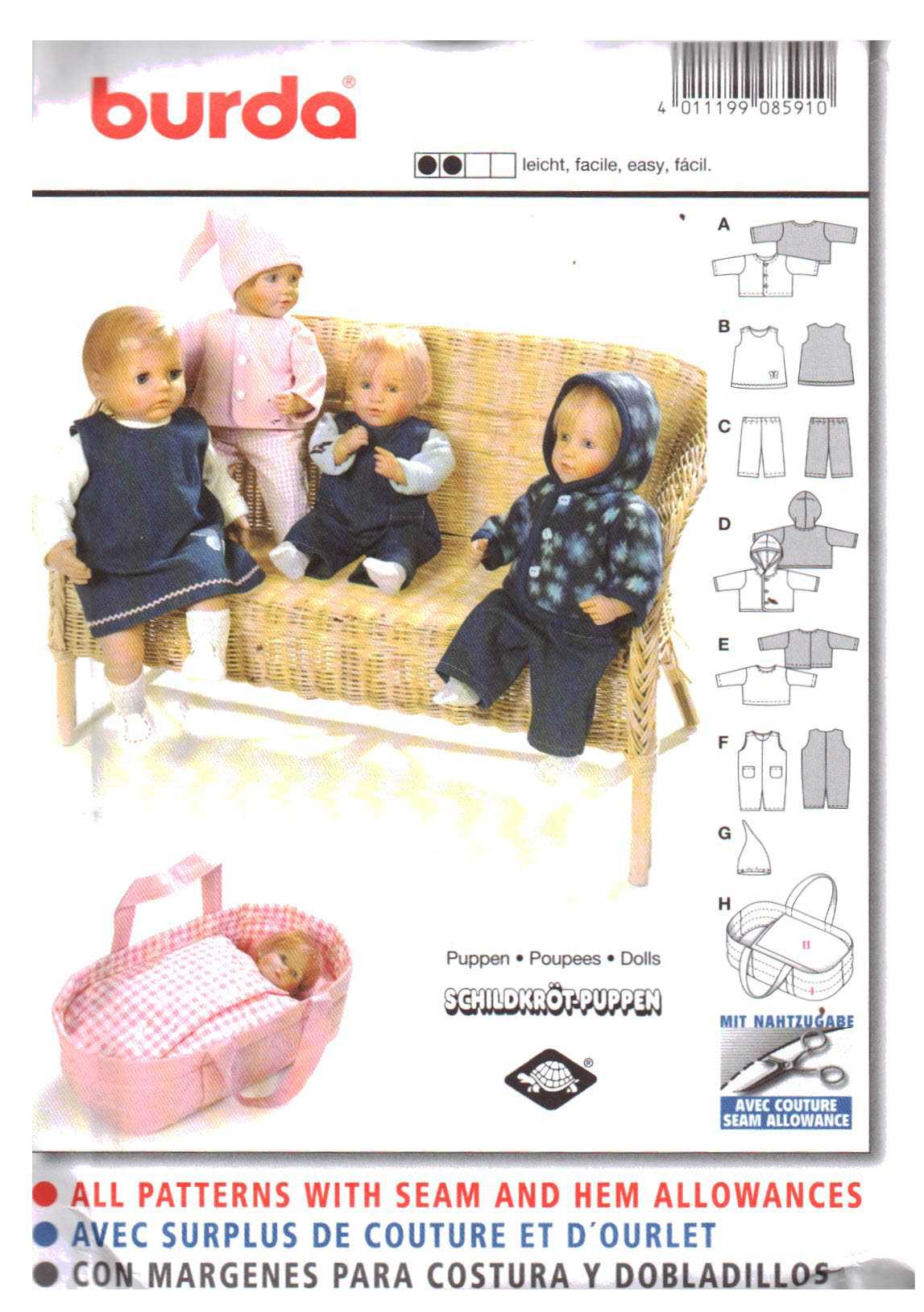 Burda 8591 Doll Clothes and Carrier Size: 16-18" Uncut Sewing Pattern