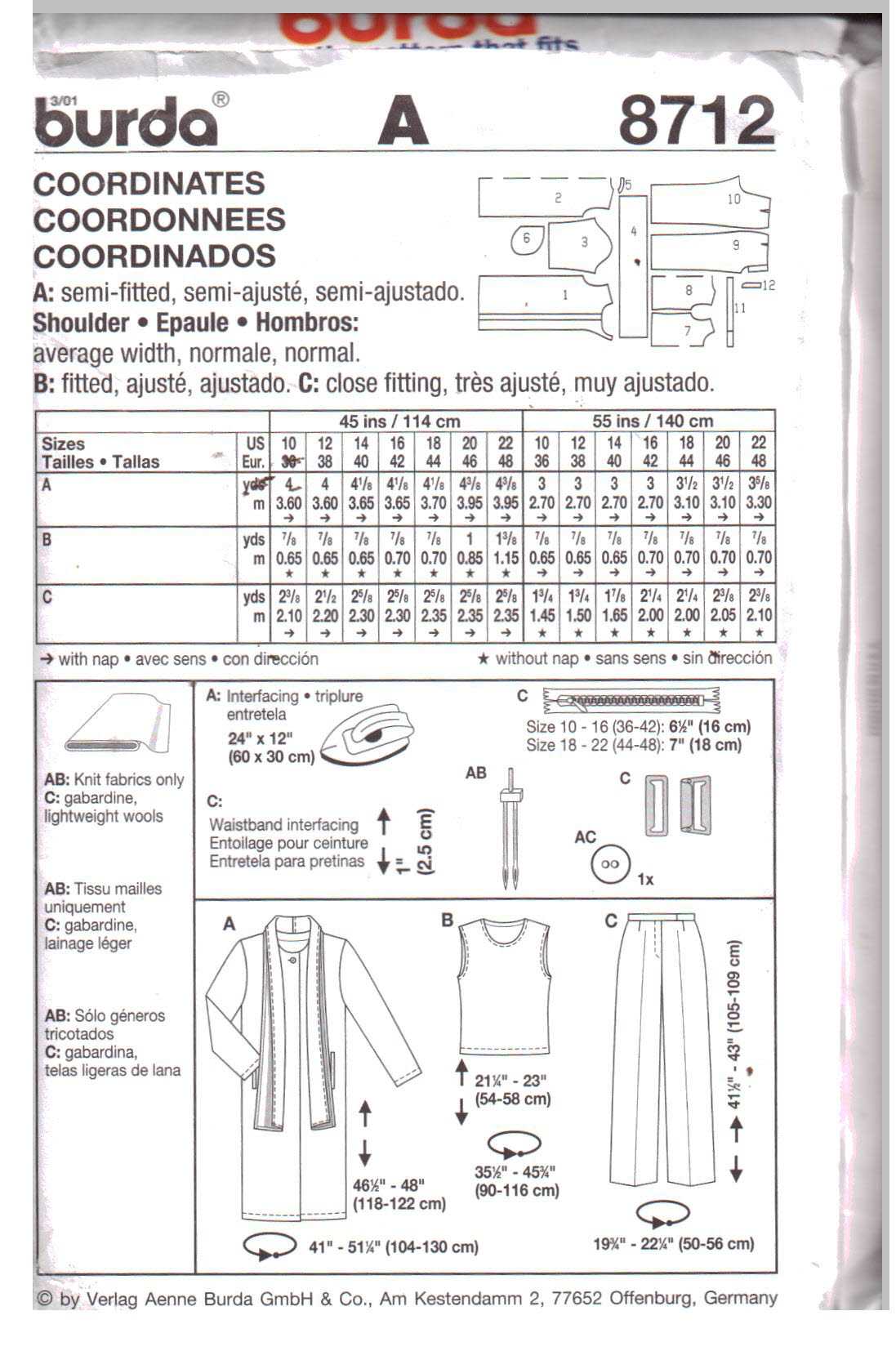 Burda 8712 Top, Pants, Coat Size: 10-22 Uncut Sewing Pattern - Image 2