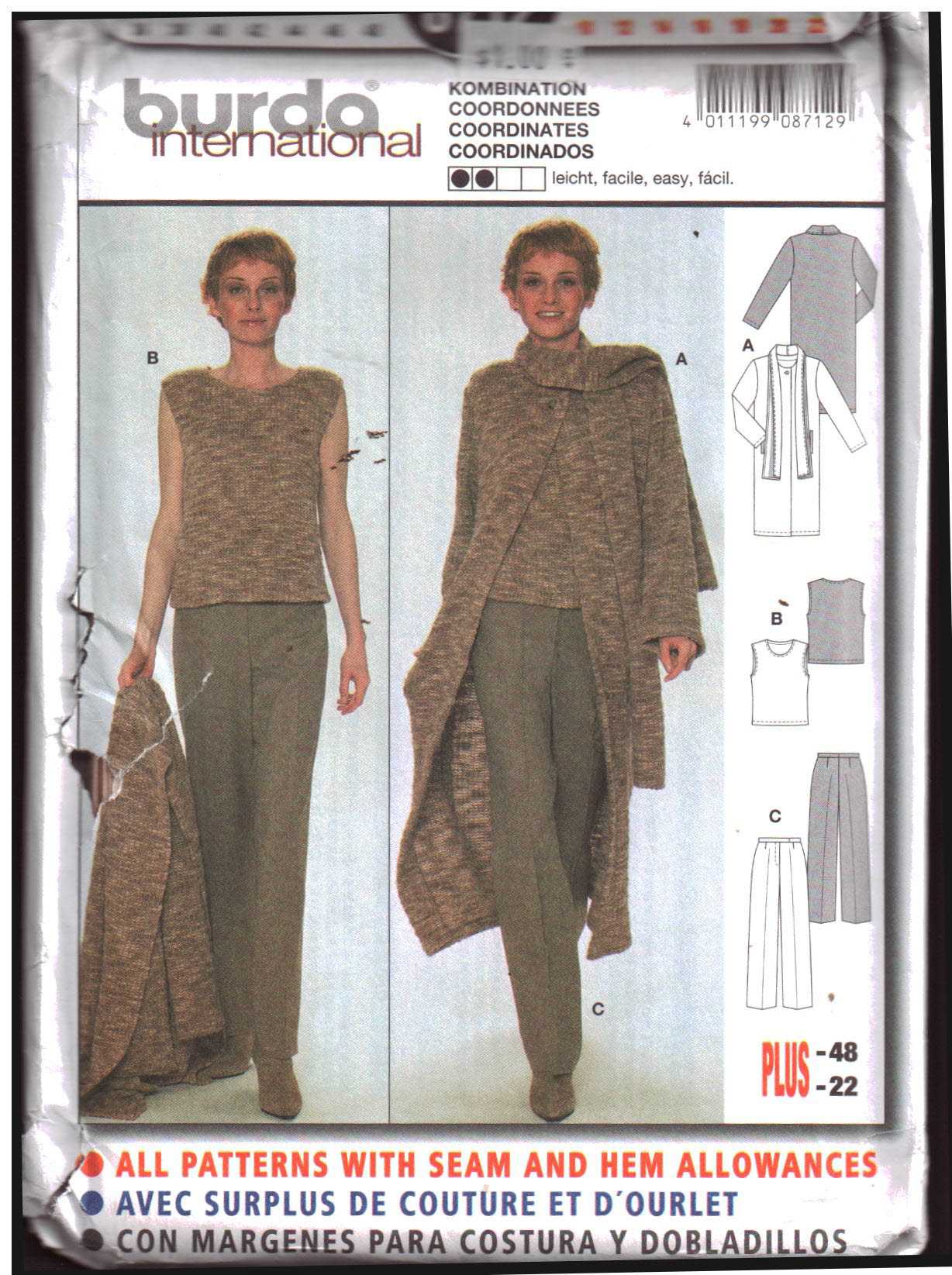 Burda 8712 Top, Pants, Coat Size: 10-22 Uncut Sewing Pattern