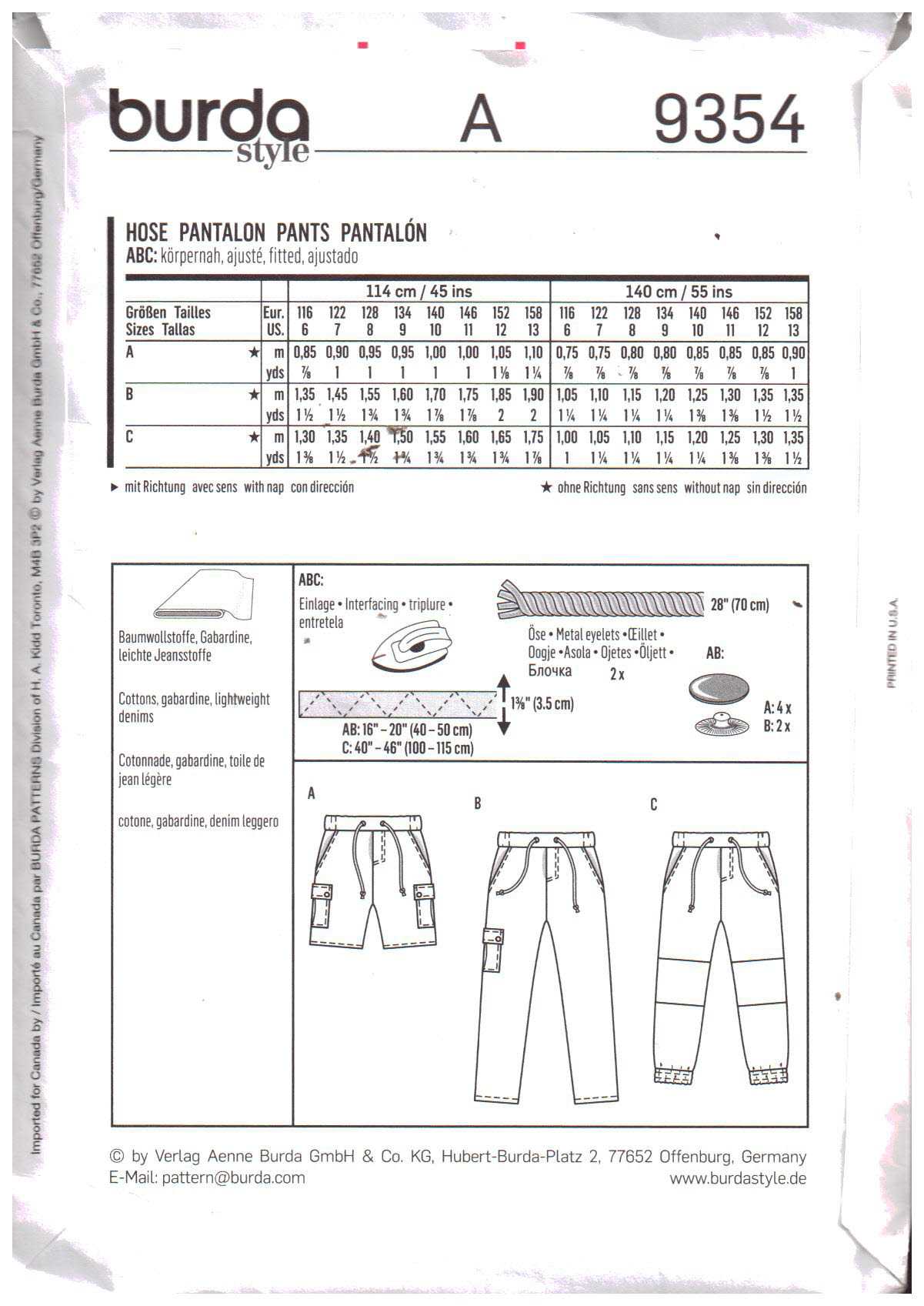 Burda 9354 Boy's Pants Size: 6-13 Uncut Sewing Pattern - Image 2