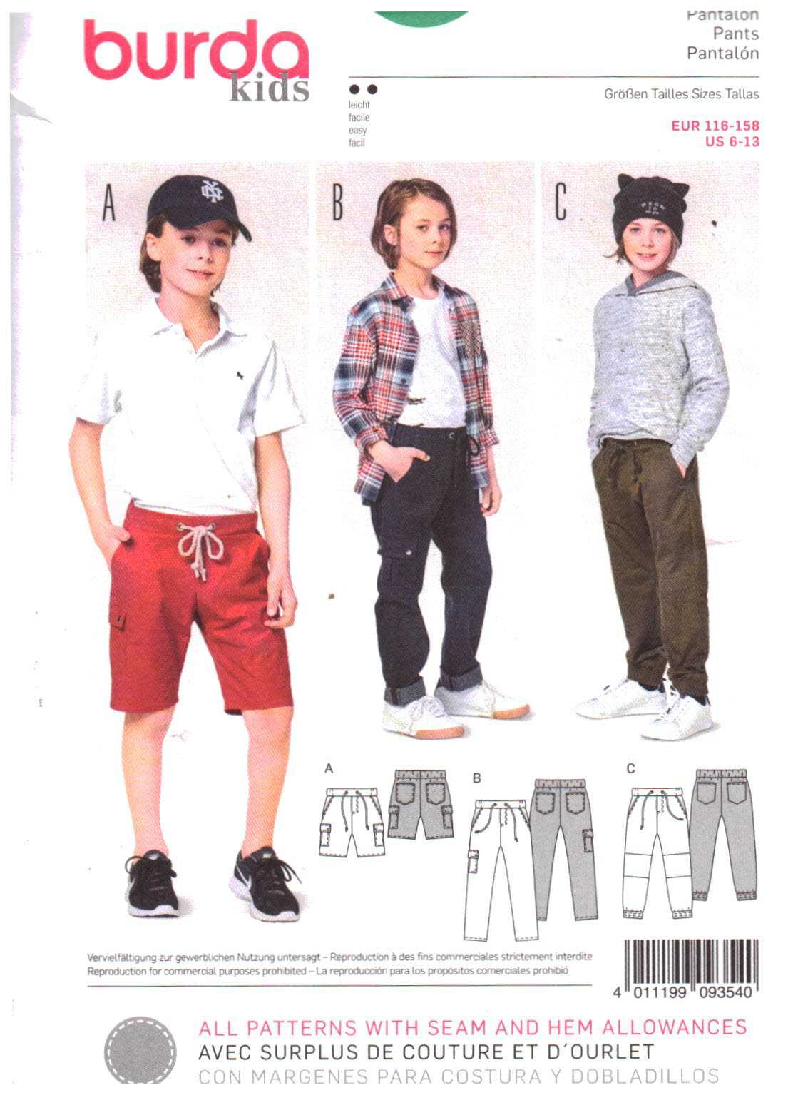 Burda 9354 Boy's Pants Size: 6-13 Uncut Sewing Pattern