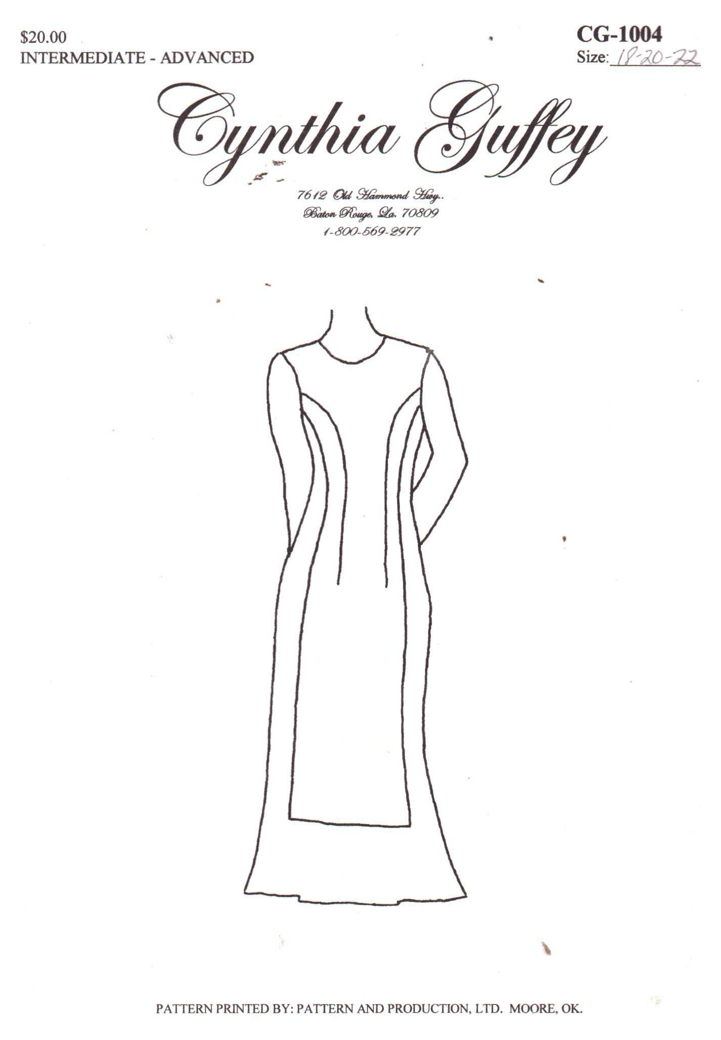 Cynthia Guffey CG-1004 Dress Size: All Uncut Sewing Pattern