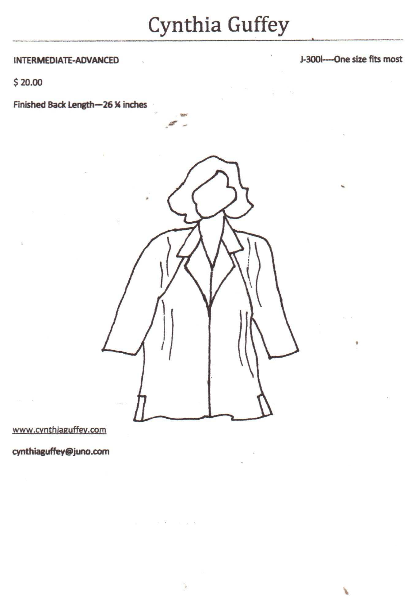 Cynthia Guffey J-3001 Jacket Size: All Uncut Sewing Pattern