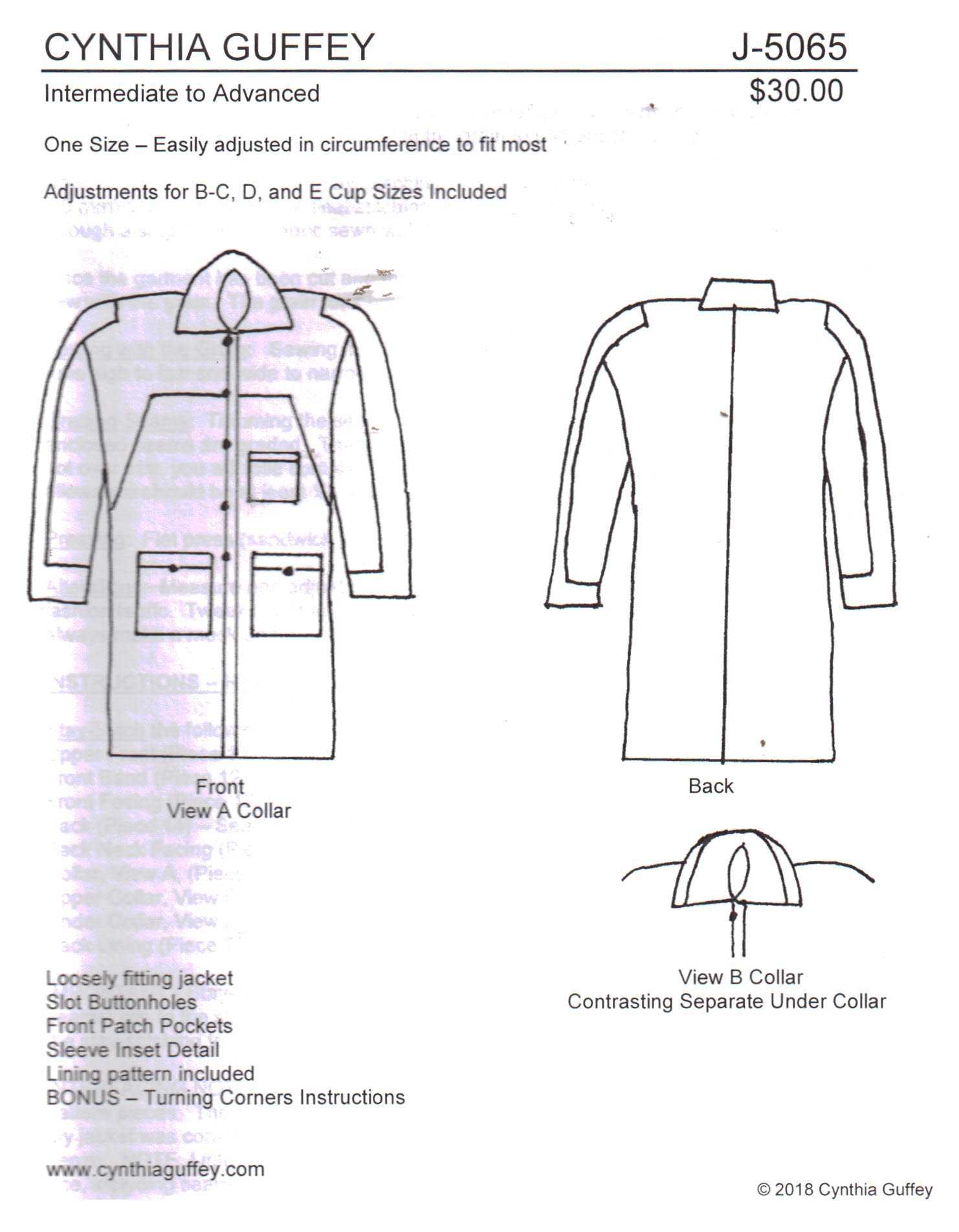 Cynthia Guffey J-5065 Jacket Size: All Uncut Sewing Pattern