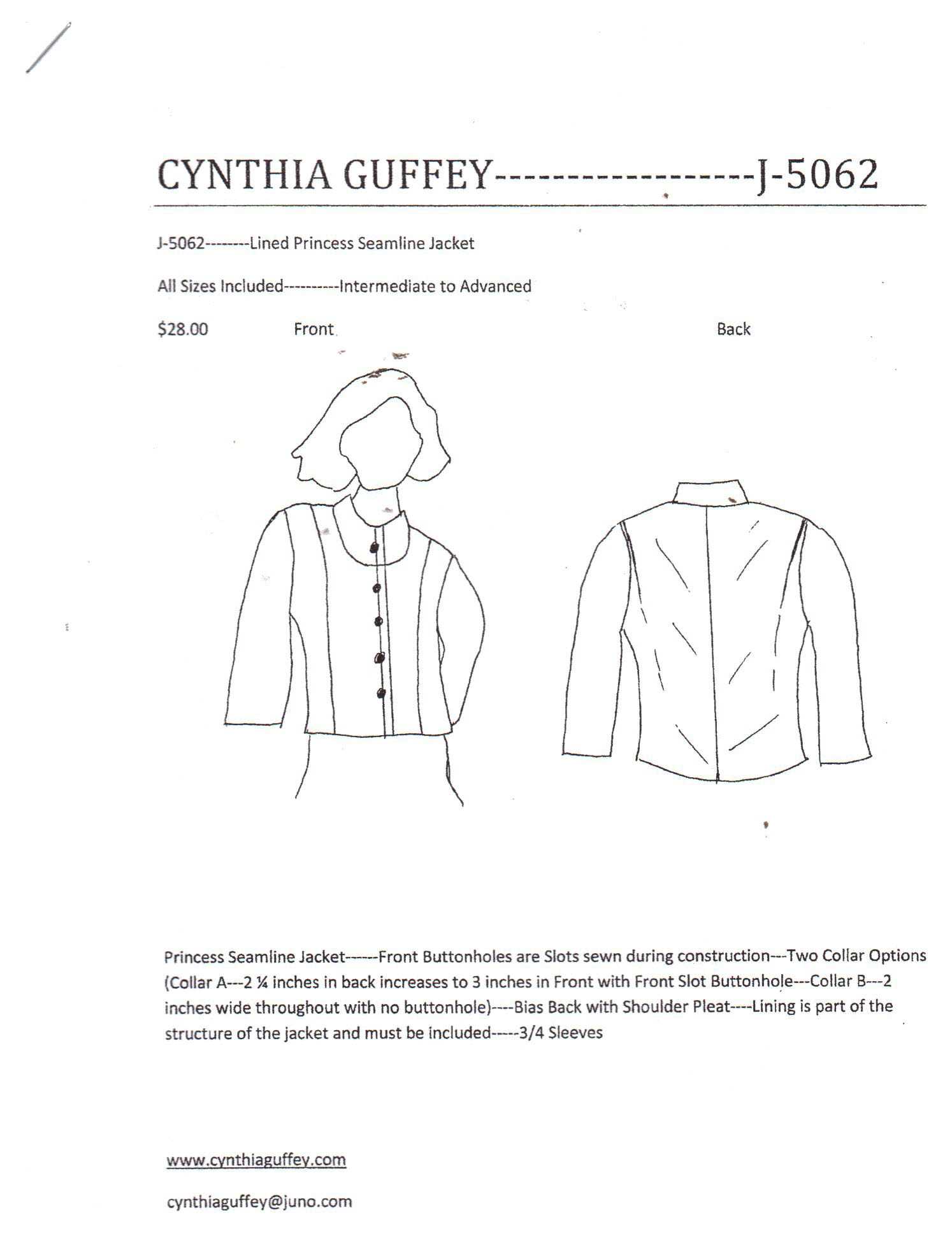Cynthia Guffey J-5062 Jacket Size: All Uncut Sewing Pattern