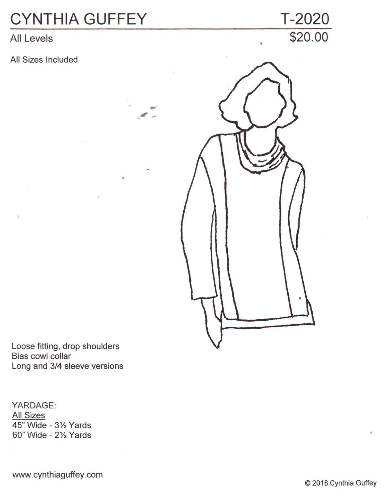 Cynthia Guffey T-2020 Top Size: All Uncut Sewing Pattern
