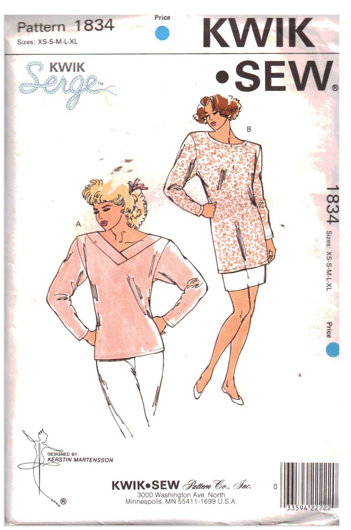 Kwik Sew 1834 Top, Tunic Size: XS-S-M-L-XL Uncut Sewing Pattern