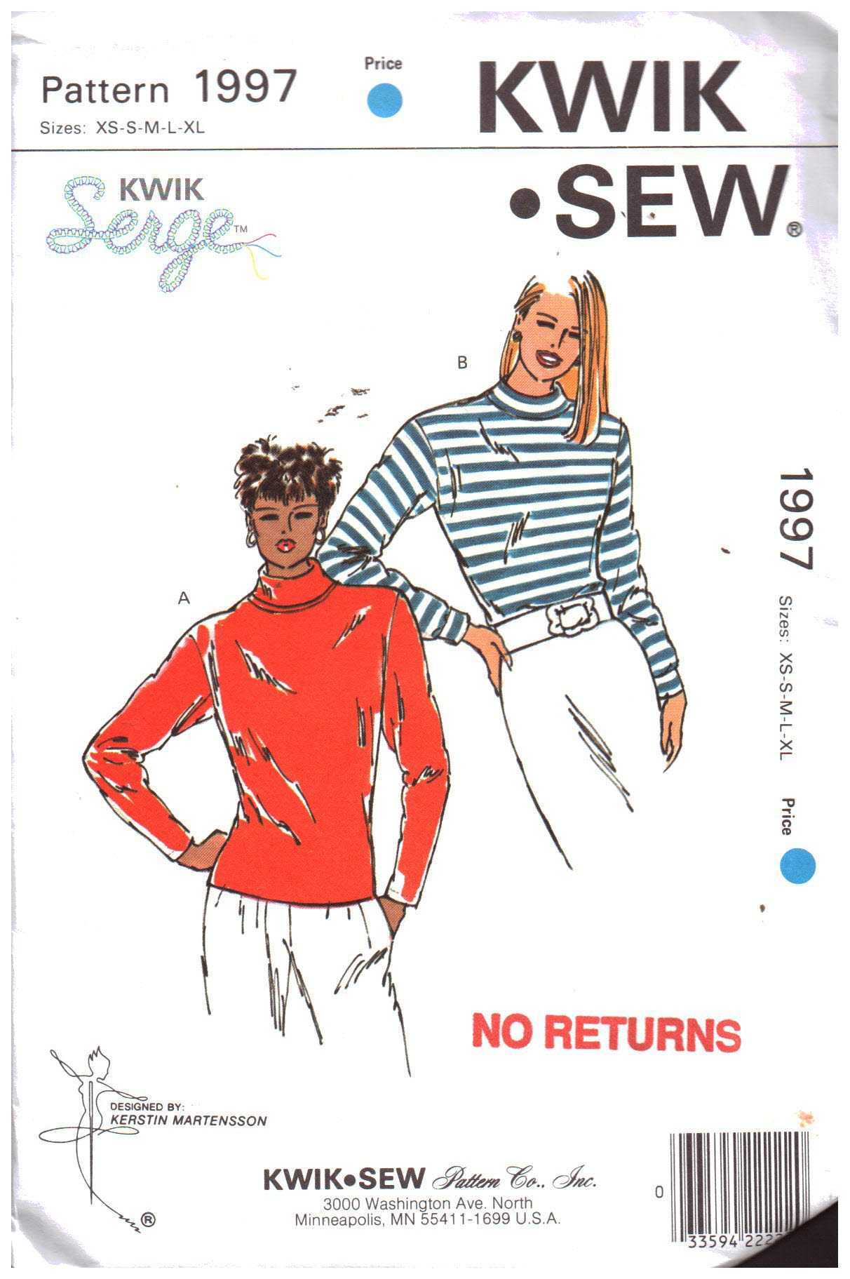 Kwik Sew 1997 Tops Size: XS-S-M-L-XL Uncut Sewing Pattern