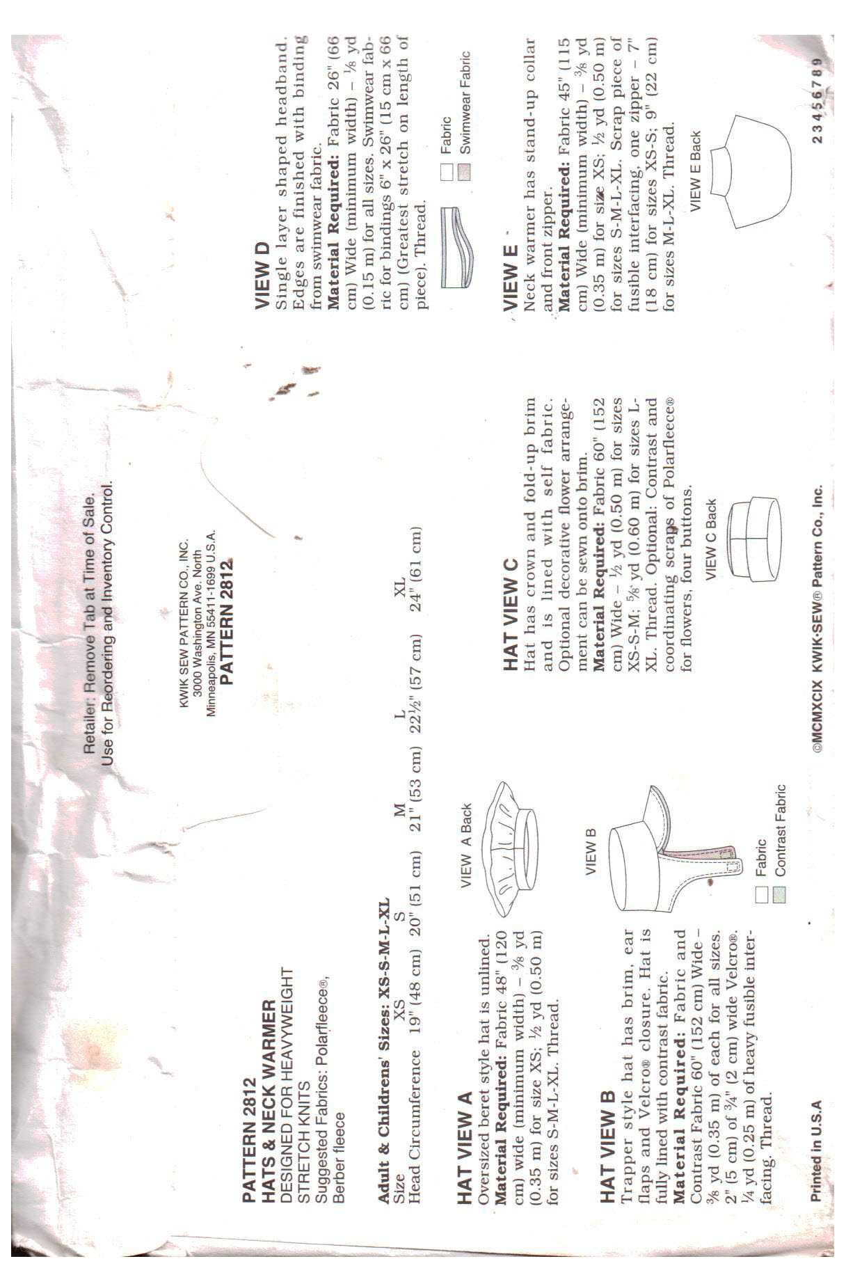 Kwik Sew 2812 Hats, Kneck Warmers Size: XS-S-M-L-XL Uncut Sewing Pattern - Image 2