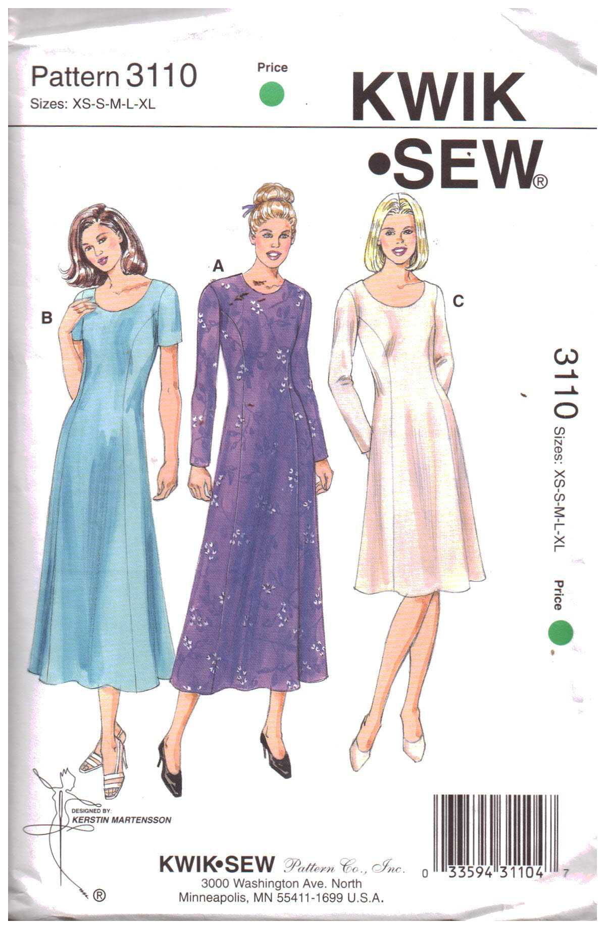 Kwik Sew 3110 Dress Size: XS-S-M-L-XL Uncut Sewing Pattern
