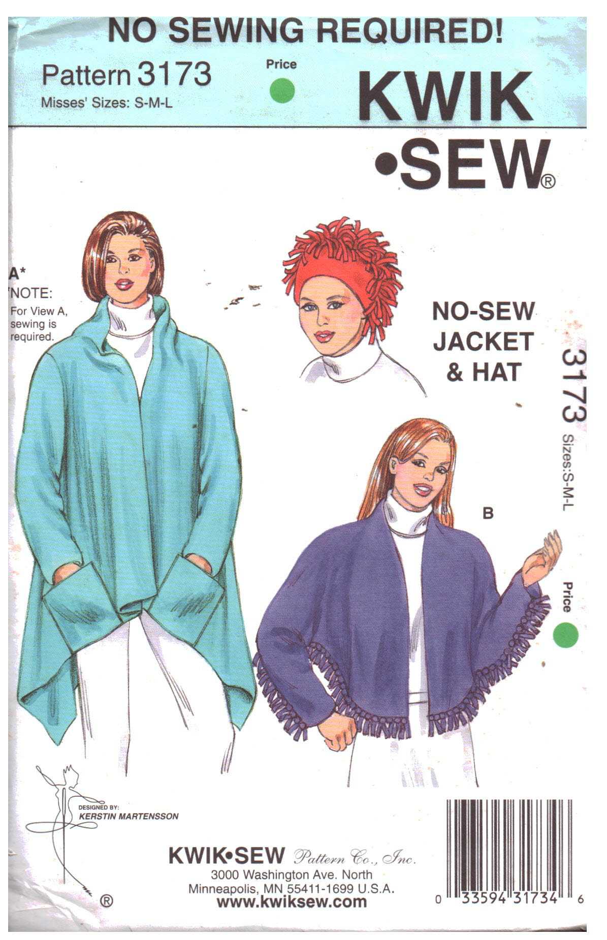 Kwik Sew 3173 Jacket, Shawl, Hat Size: S-M-L Uncut Sewing Pattern
