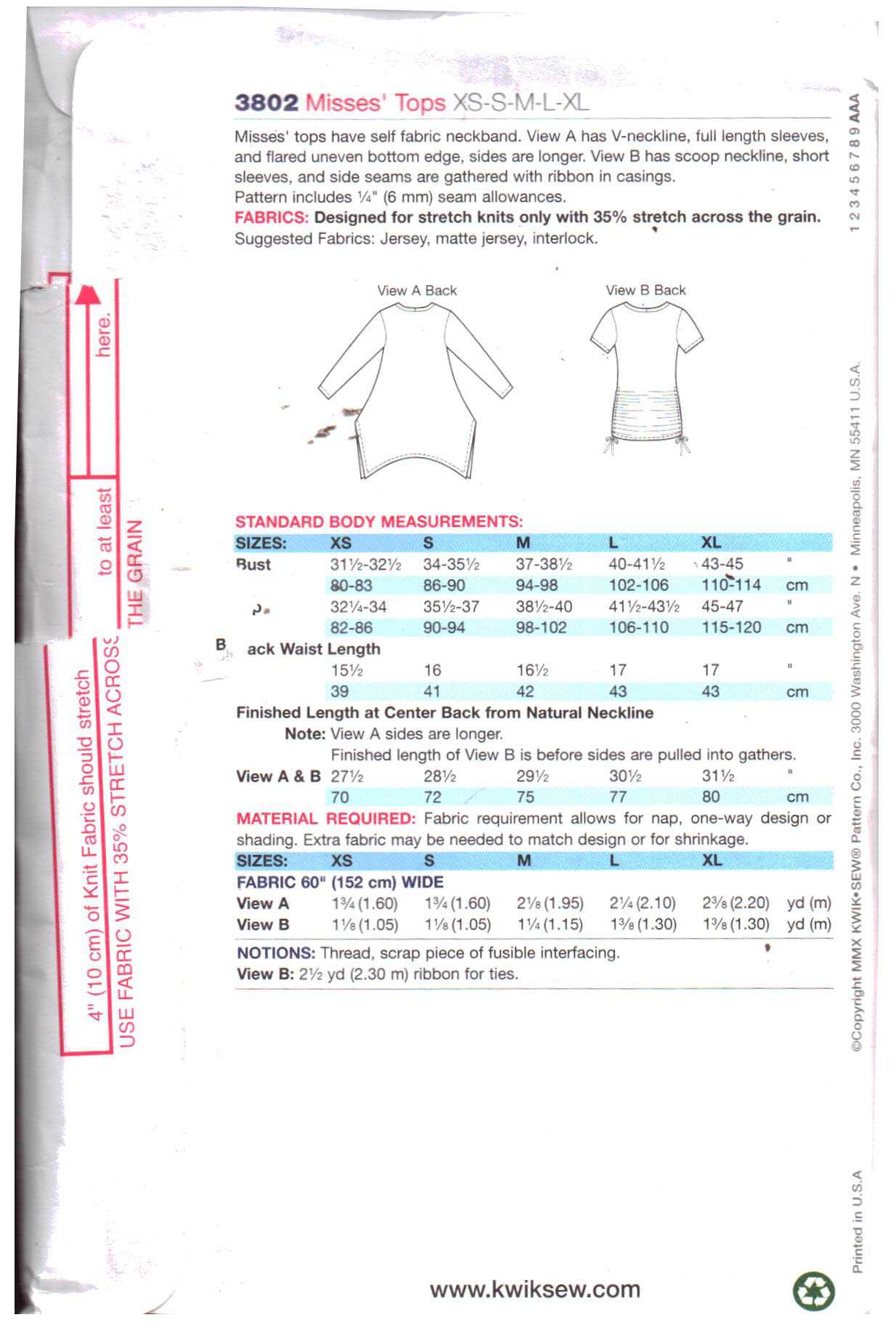 Kwik Sew 3802 Tops Size: XS-S-M-L-XL Uncut Sewing Pattern - Image 2