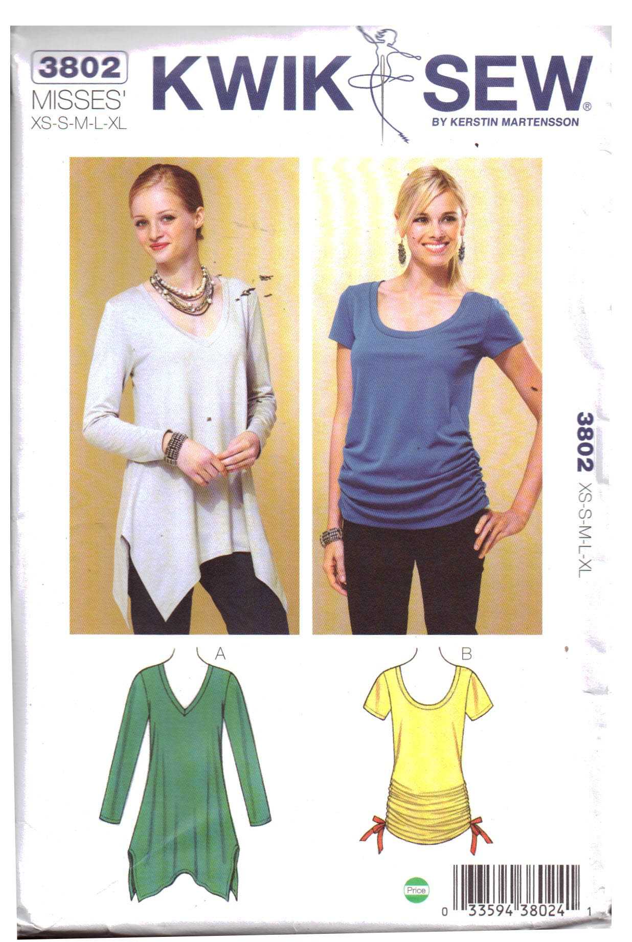Kwik Sew 3802 Tops Size: XS-S-M-L-XL Uncut Sewing Pattern