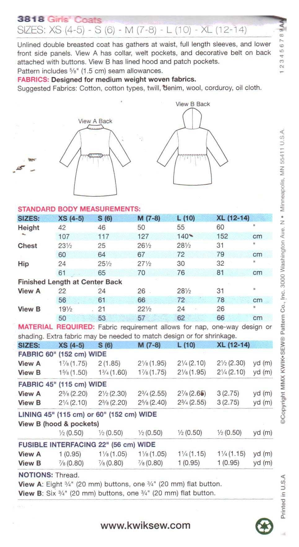 Kwik Sew 3818 Girl's Coat Size: 4/5-6-7/8-10-12/14 Uncut Sewing Pattern - Image 2