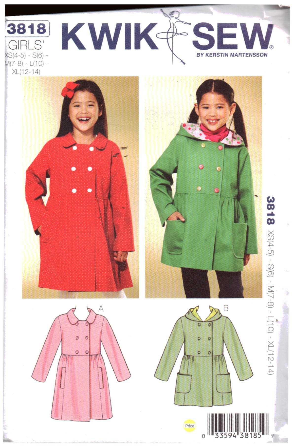 Kwik Sew 3818 Girl's Coat Size: 4/5-6-7/8-10-12/14 Uncut Sewing Pattern