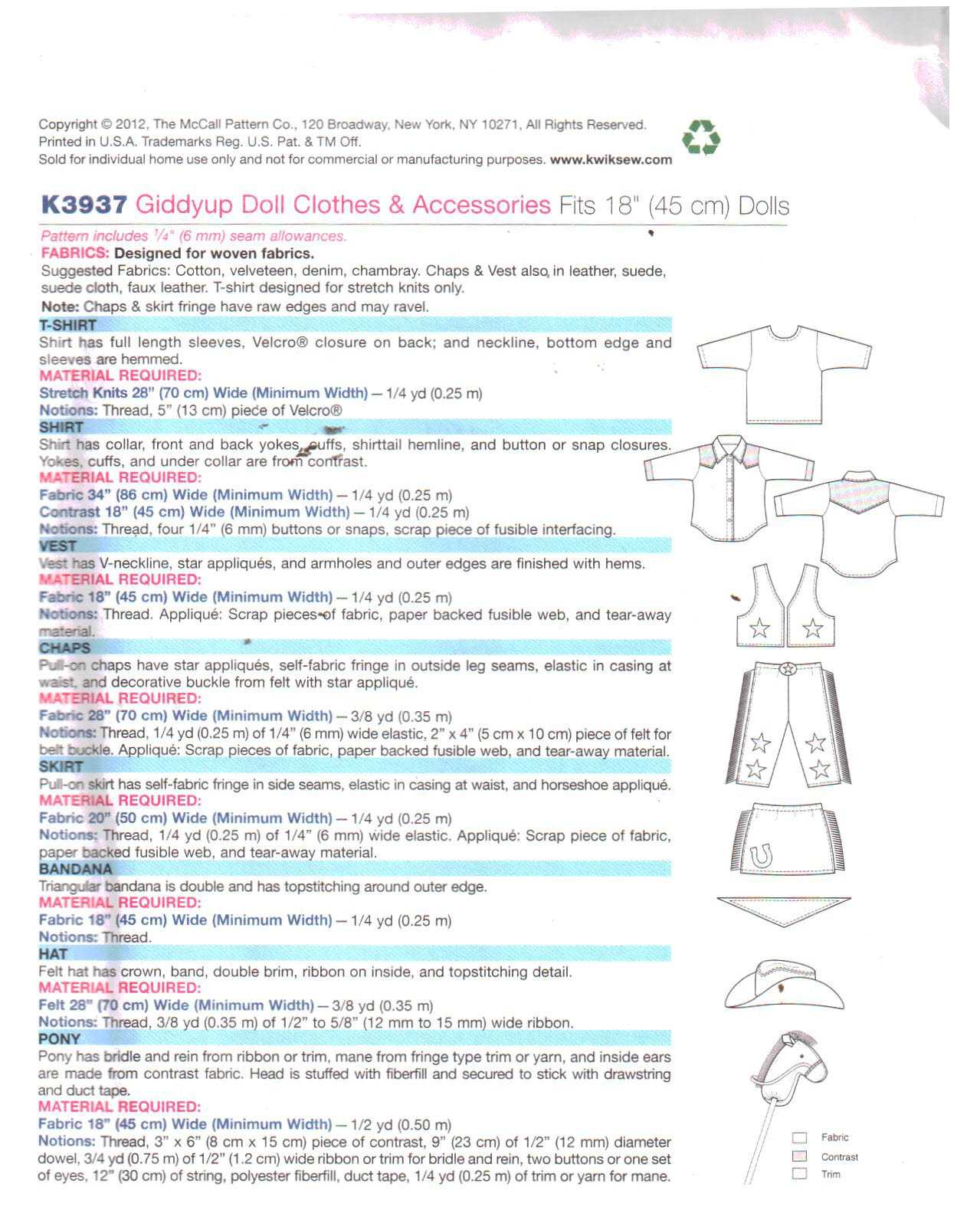 Kwik Sew K3937 Giddyup Doll Clothes & Accessories Size: 18" Uncut Sewing Pattern - Image 2