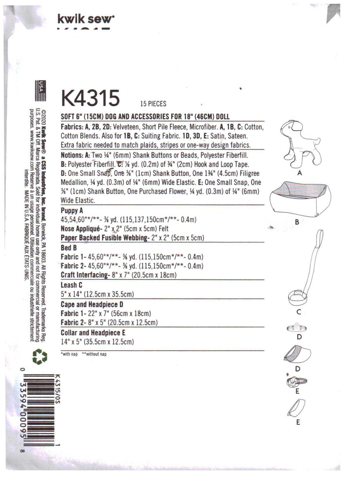 Kwik Sew K4315 Soft Dog 6" and Accessories for 18" Doll Uncut Sewing Pattern - Image 2