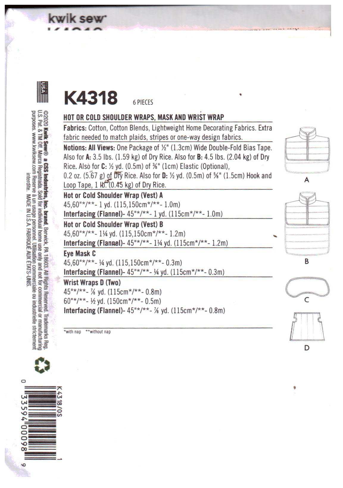 Kwik Sew K4318 Hot/Cold Shoulder Wraps, Mask, Wrist Wrap Size: One Uncut Sewing Pattern - Image 2