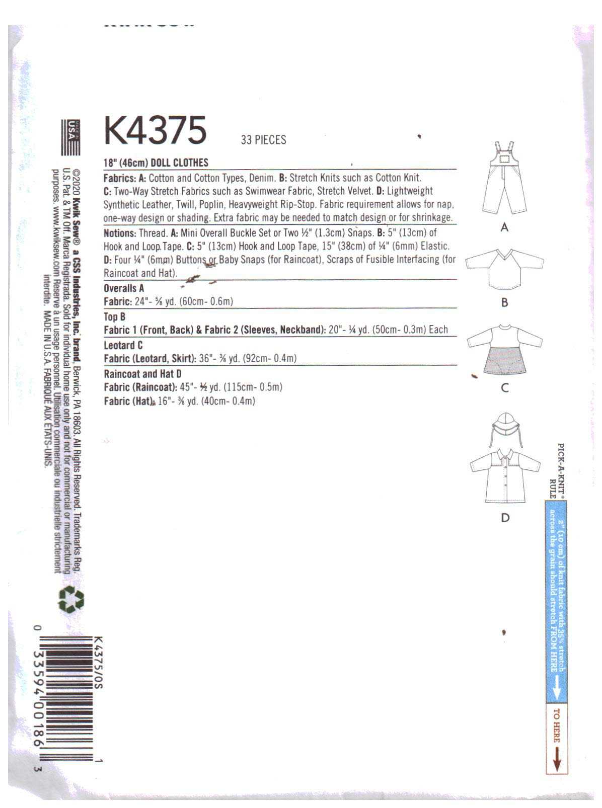Kwik Sew K4375 Doll Clothes Size: 18" Uncut Sewing Pattern - Image 2
