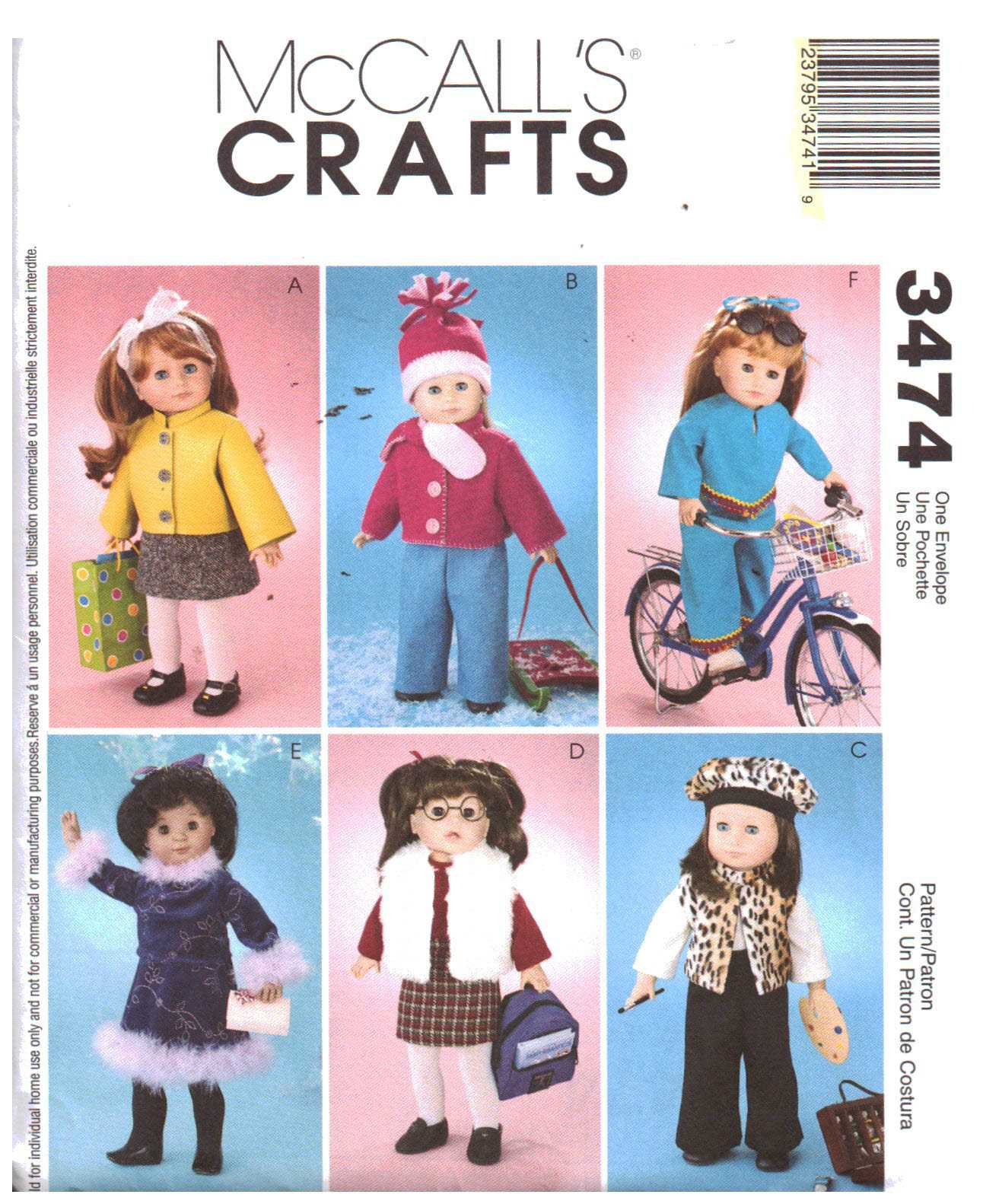 McCall's 3474 Doll Clothes Size: 18" Uncut Sewing Pattern