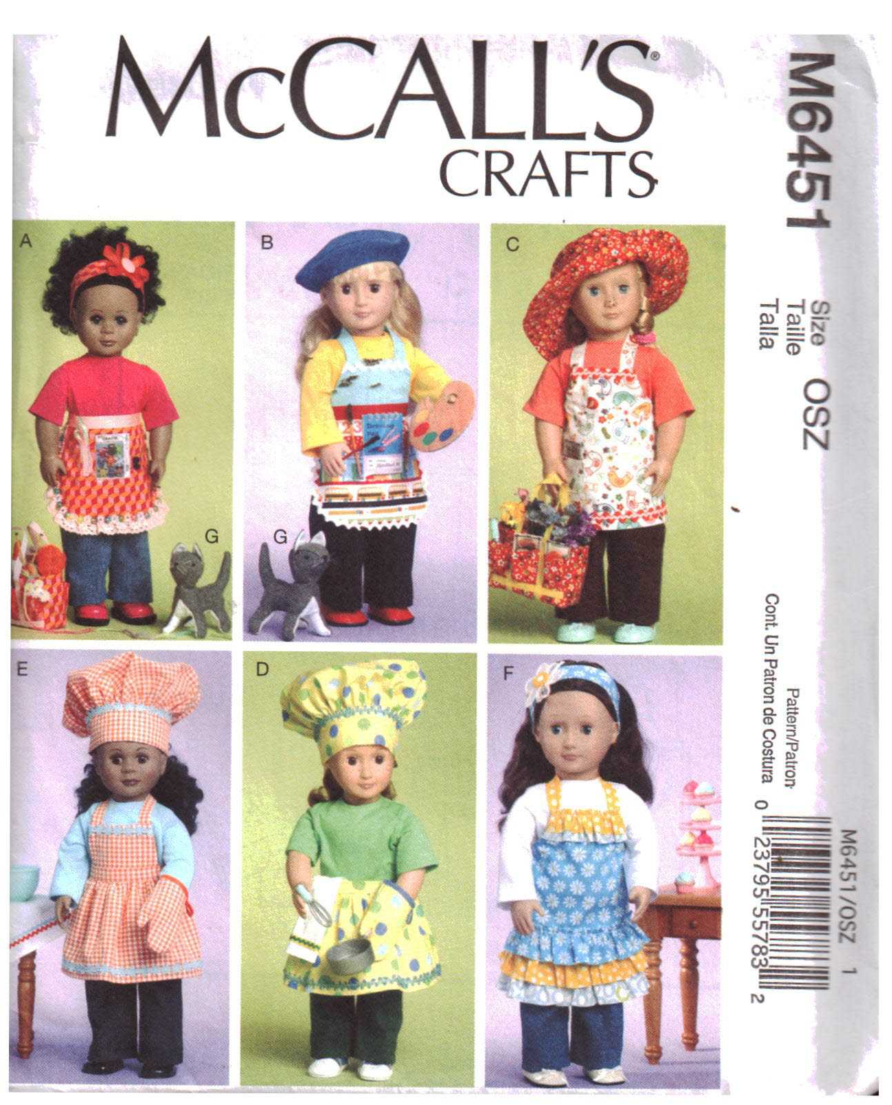 McCall's M6451 Doll Clothes, Bag, Towel, Cat Size: 18" Uncut Sewing Pattern