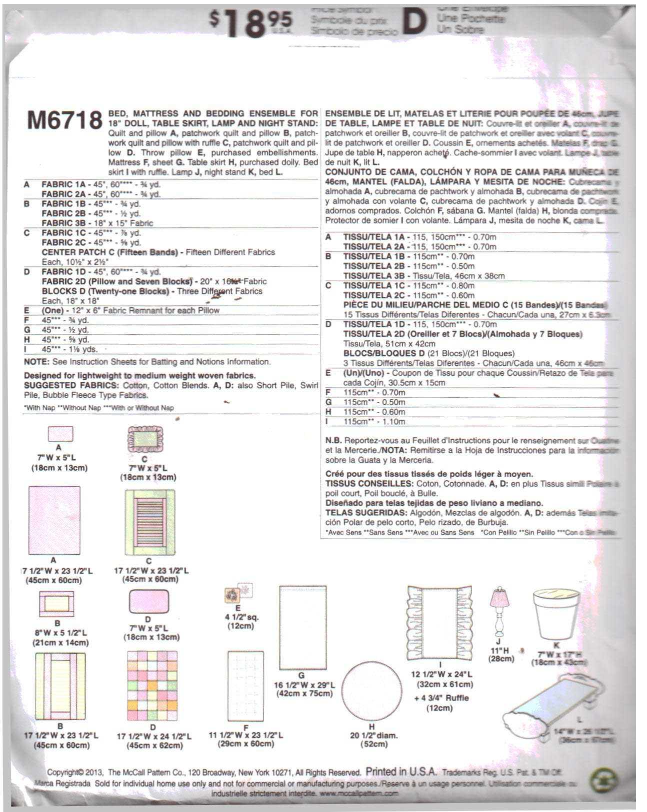 McCall's M6718 Doll's Bed, Mattress, Bedding Ensemble, Table Skirt, Lamp, Night Stand Size: 18" Uncut Sewing Pattern - Image 2