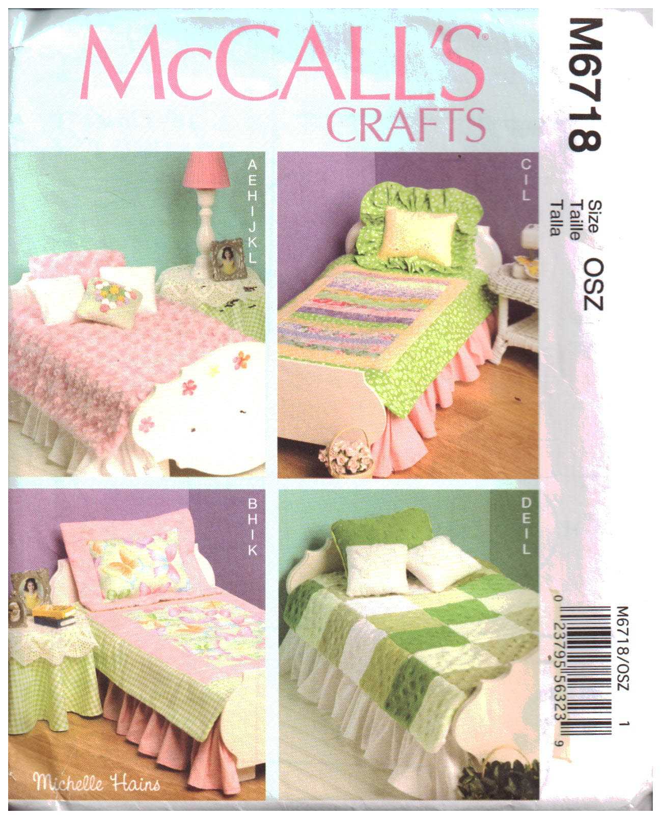 McCall's M6718 Doll's Bed, Mattress, Bedding Ensemble, Table Skirt, Lamp, Night Stand Size: 18" Uncut Sewing Pattern