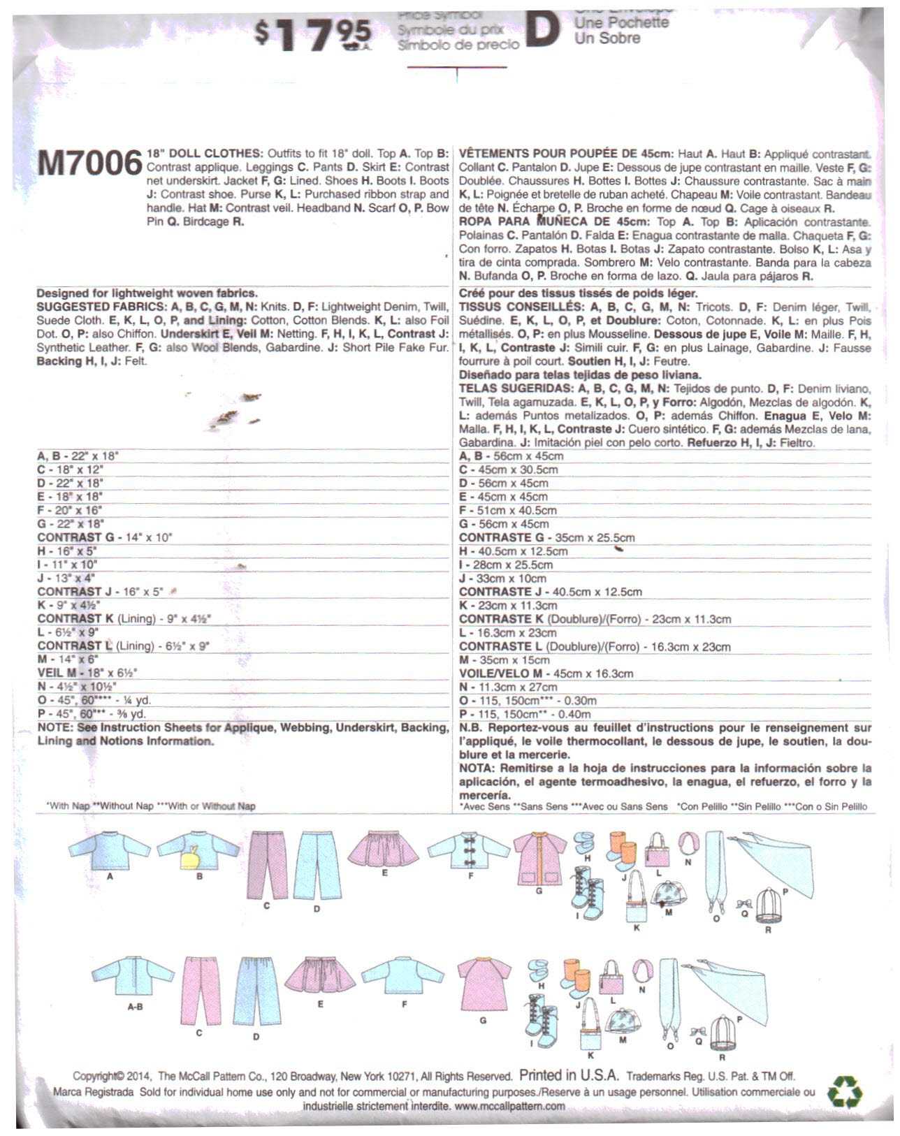 McCall's M7006 Doll Clothes Size: 18" Uncut Sewing Pattern - Image 2