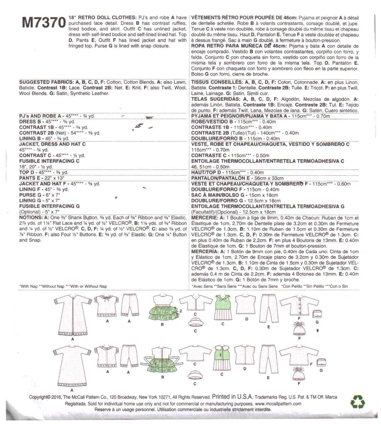McCall's M7370 Doll Clothes Size: 18" Uncut Sewing Pattern - Image 2