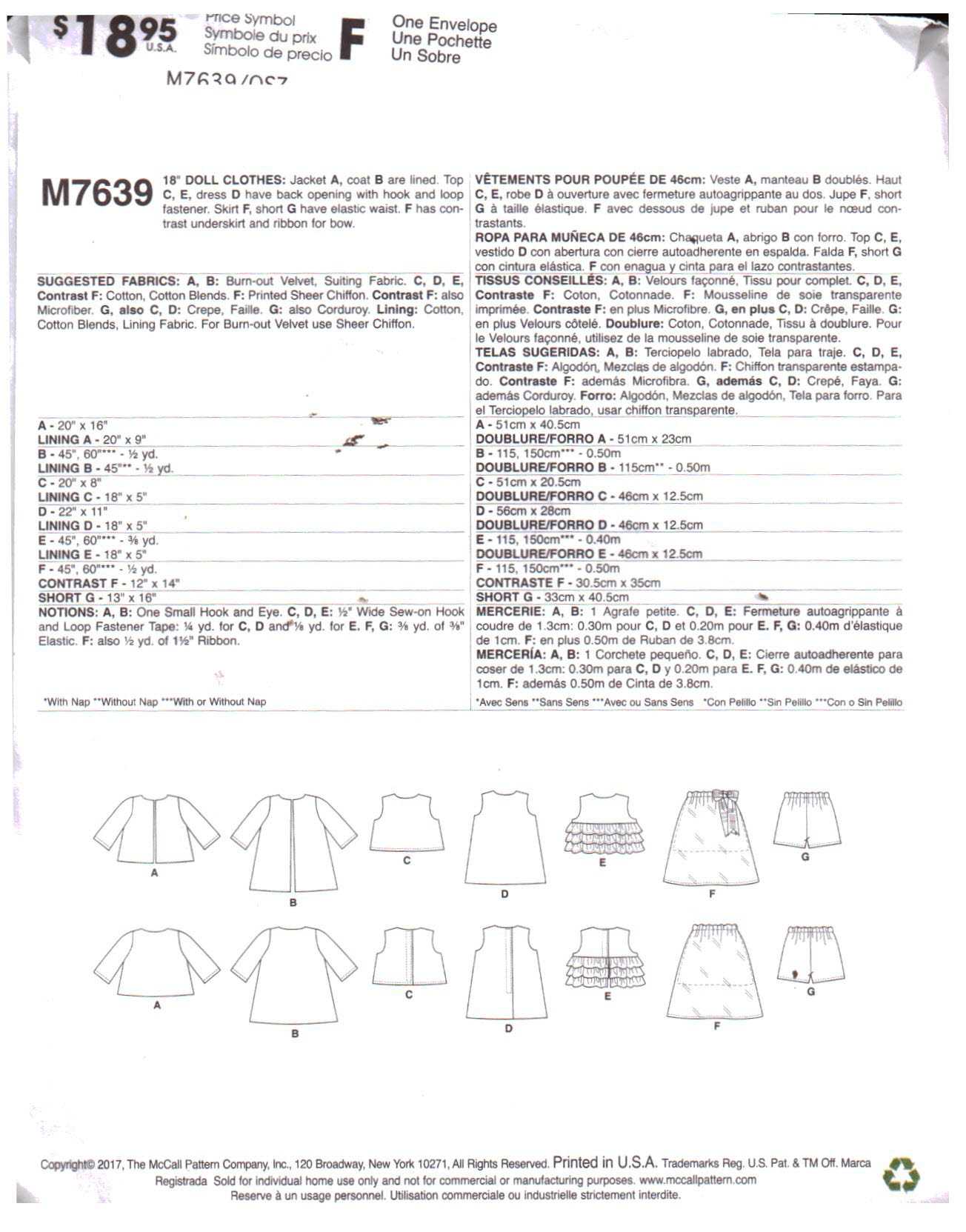 McCall's M7639 Doll Clothes Size: 18" Uncut Sewing Pattern - Image 2
