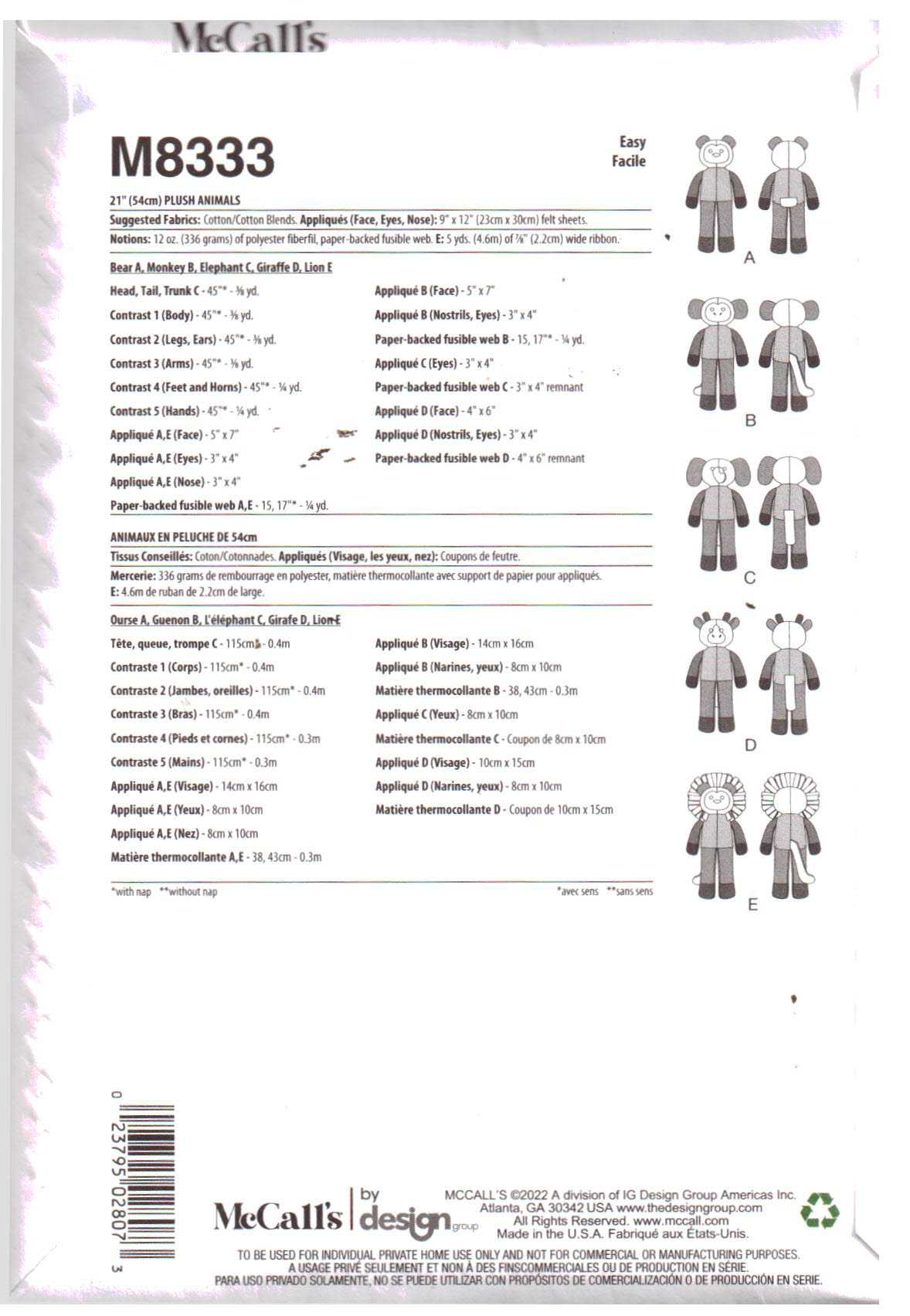 McCall's M8333 Plush Animals - Soft Toys Size: 21" Uncut Sewing Pattern - Image 2