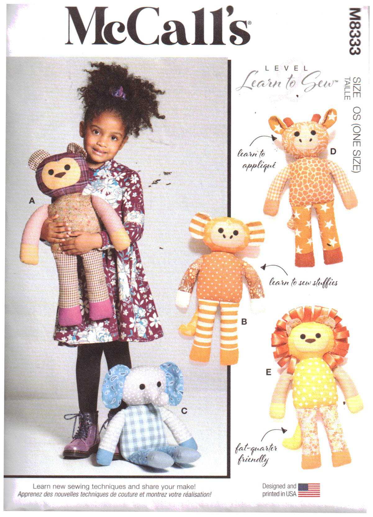 McCall's M8333 Plush Animals - Soft Toys Size: 21" Uncut Sewing Pattern