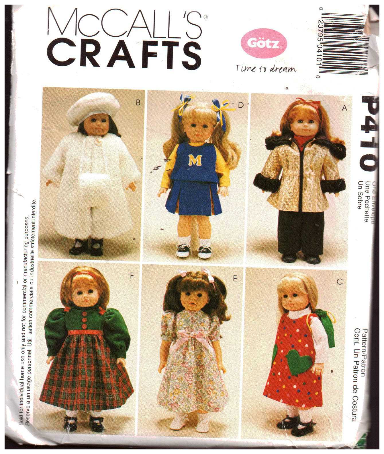 McCall's P410 Doll Clothes Size: 18" Uncut Sewing Pattern
