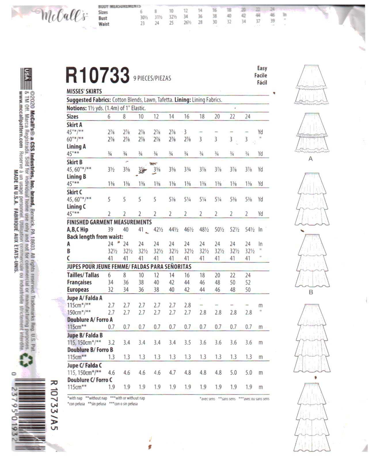 McCall's R10733 Skirts Size: A5 6-14 Uncut Sewing Pattern - Image 2