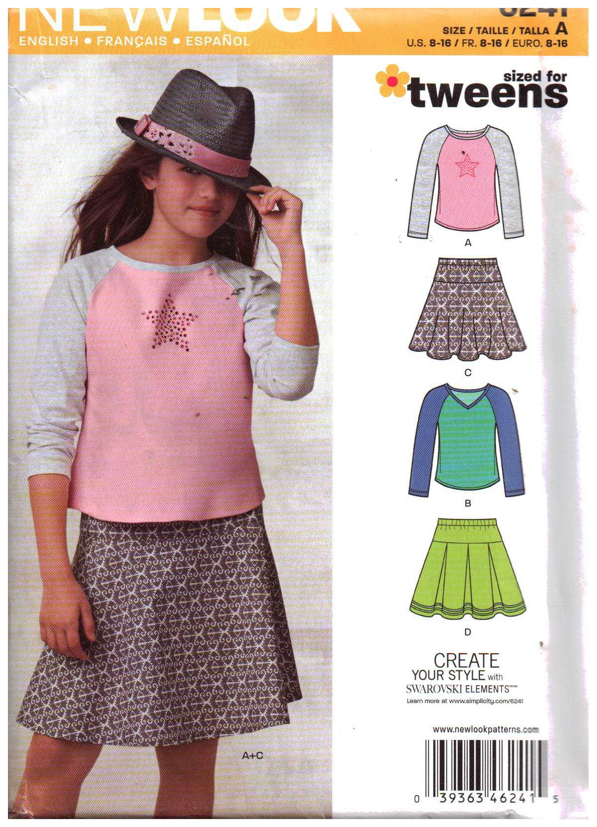 New Look 6241 Girl's Tops, Skirts Size: 8-16 Uncut Sewing Pattern