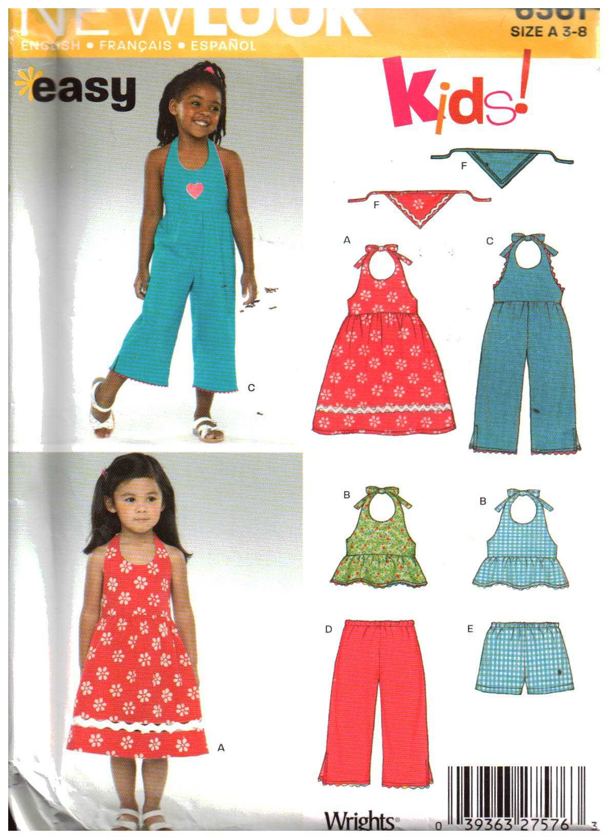 New Look 6361 Girl's Dress, Top, Pants, Shorts, Head Scarf Size: A 3-8 Uncut Sewing Pattern