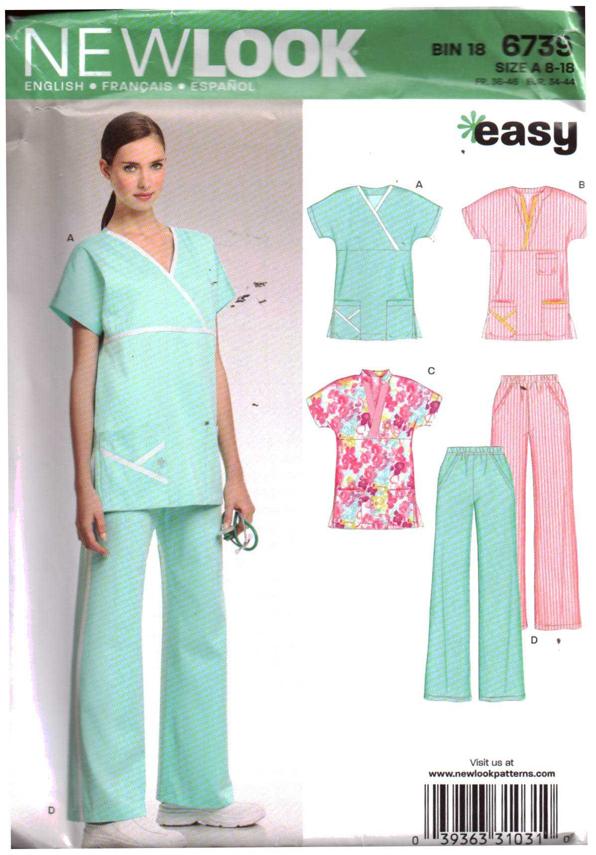 New Look 6739 Scrubs - Top, Pants Size: A 8-18 Uncut Sewing Pattern