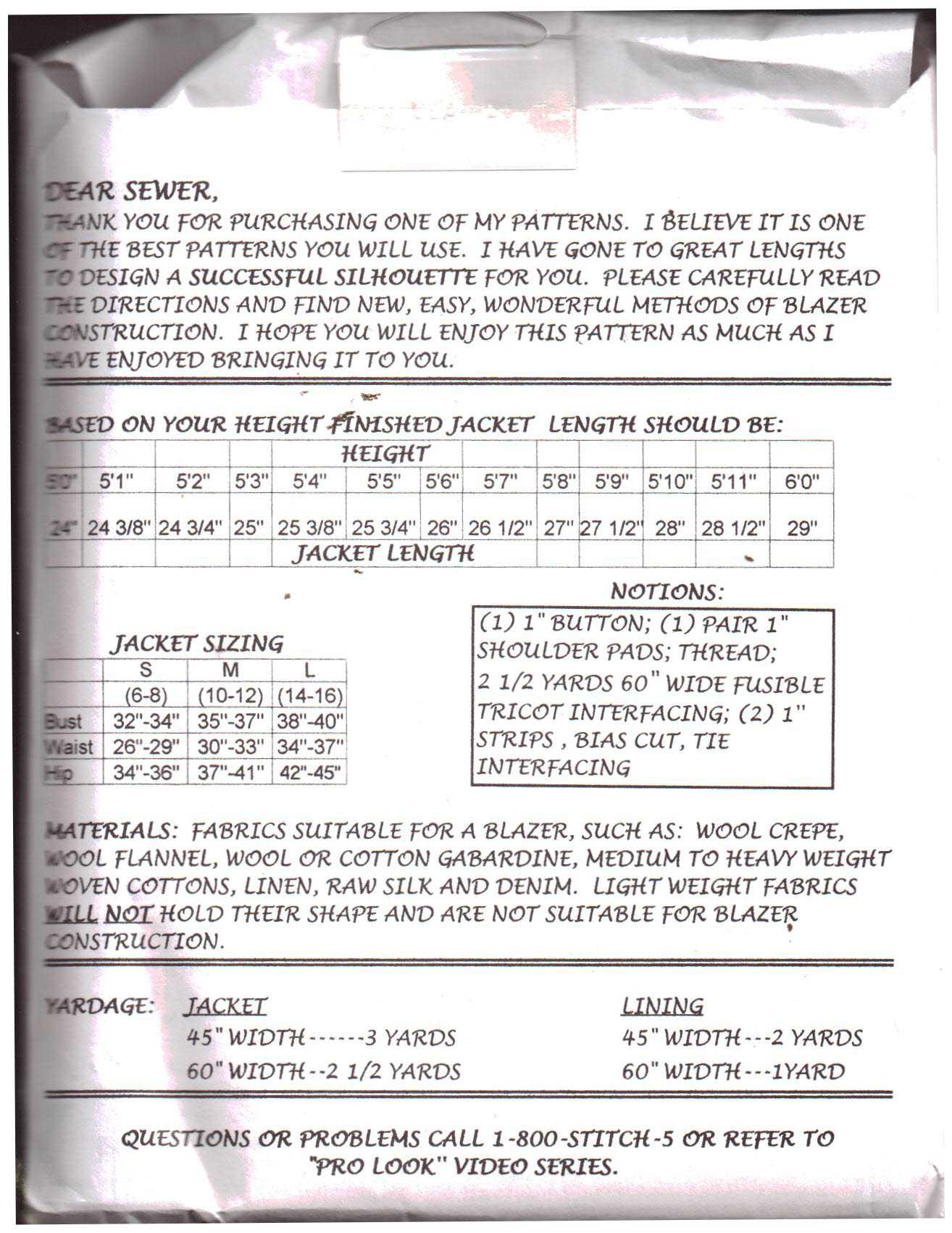 Silhoutte 1000 Peggy Sagers Jacket Size: S-M-L Uncut Sewing Pattern - Image 2
