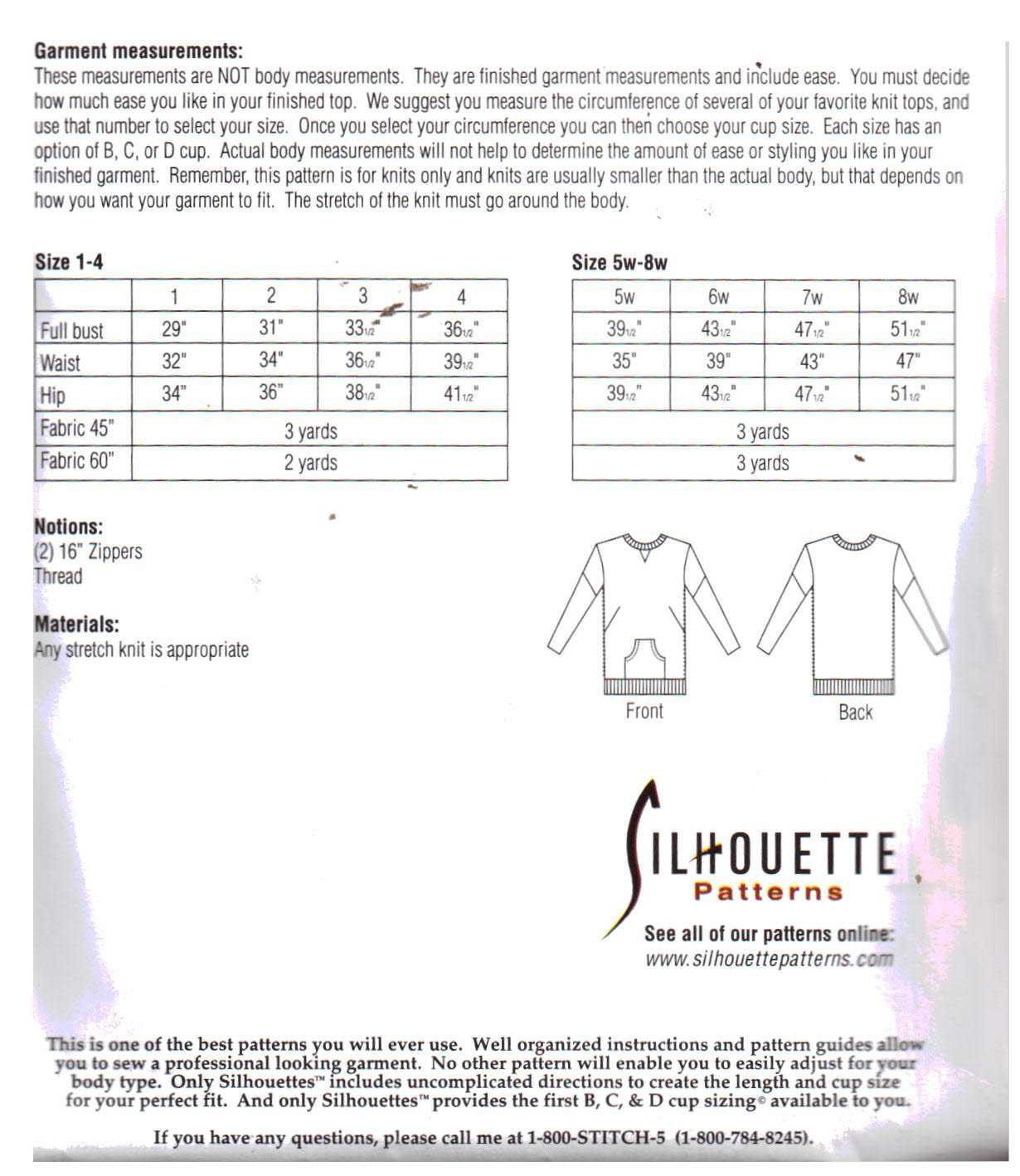 Silhoutte 114 BP's Dual Zipper Top Size: 1-4 & 5W-8W Uncut Sewing Pattern - Image 2