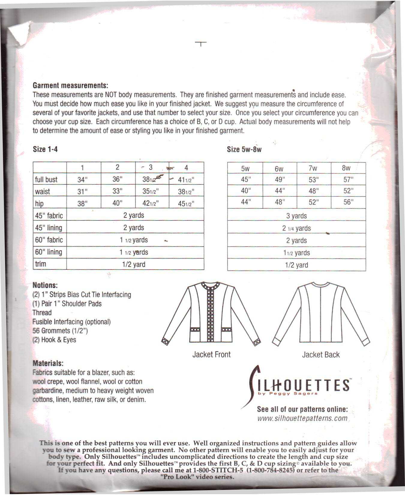 Silhoutte 1350 Janie's Jacket Size: 1-4 & 5W-8W Uncut Sewing Pattern - Image 2