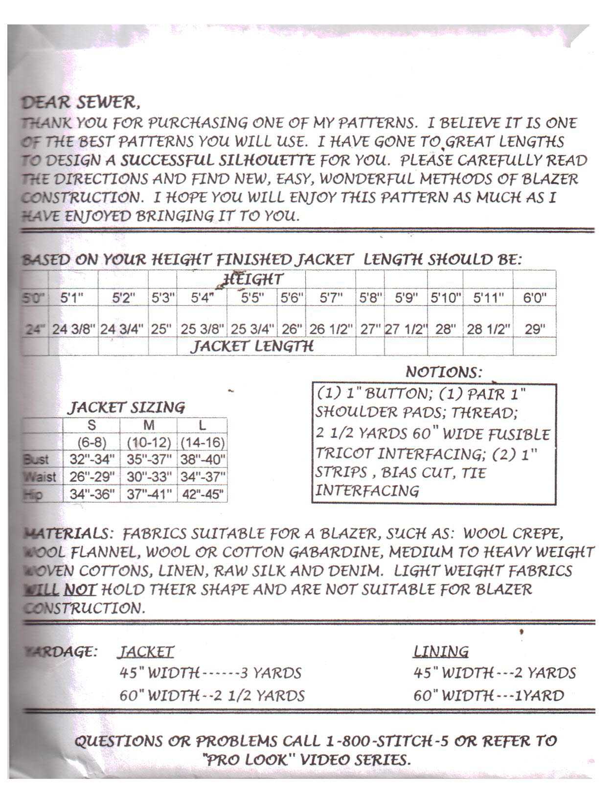 Silhoutte 1500 Peggy Sagers One Lined Jacket Size: S-M-L Uncut Sewing Pattern - Image 2