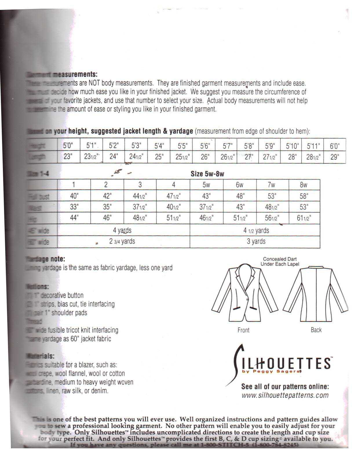 Silhoutte 1500 Notched Lapel Jacket Size: 1-4 & 5W-8W Uncut Sewing Pattern - Image 2