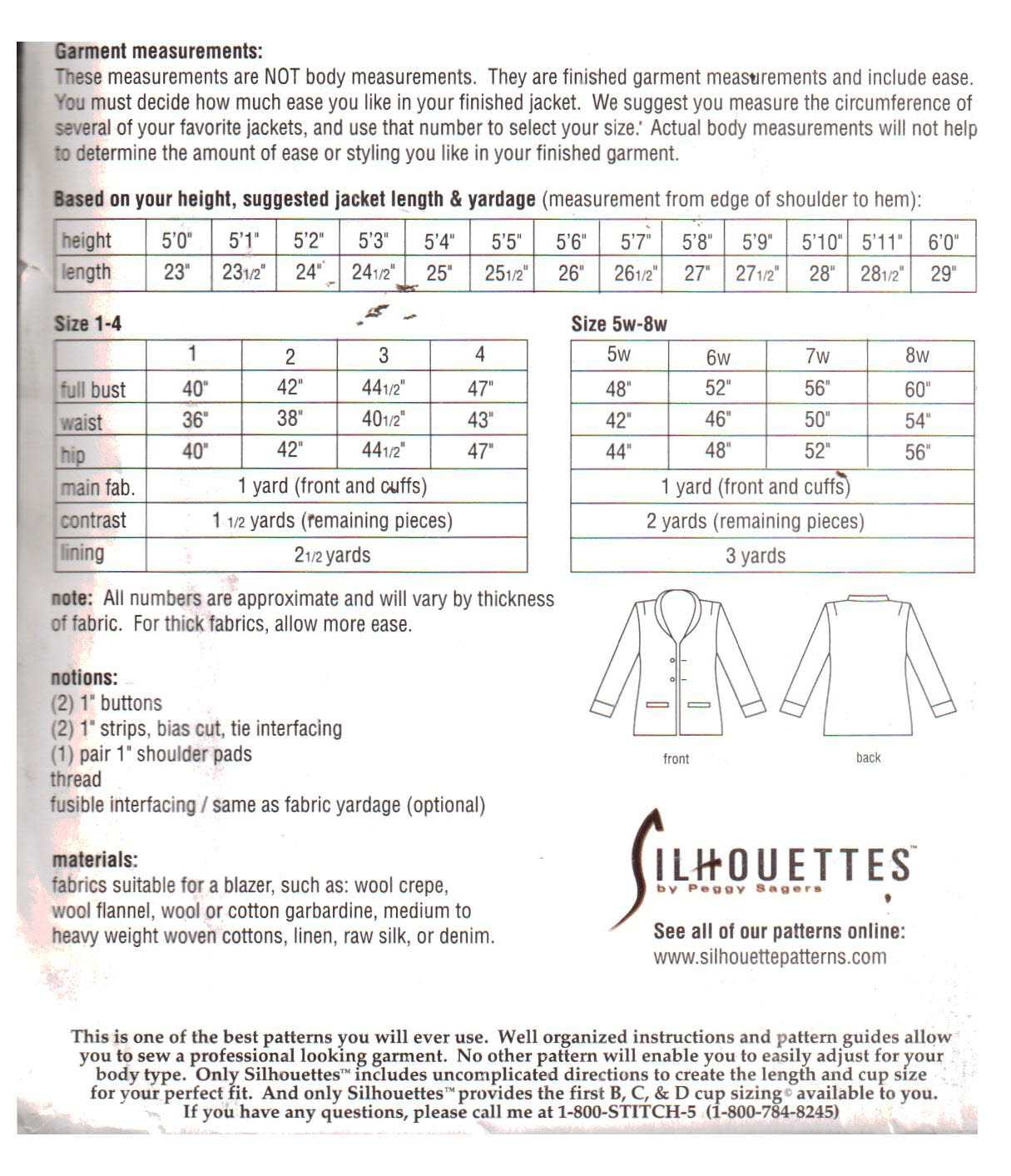 Silhoutte 1800 Marcia's Jacket Size: 1-4 & 5W-8W Uncut Sewing Pattern - Image 2