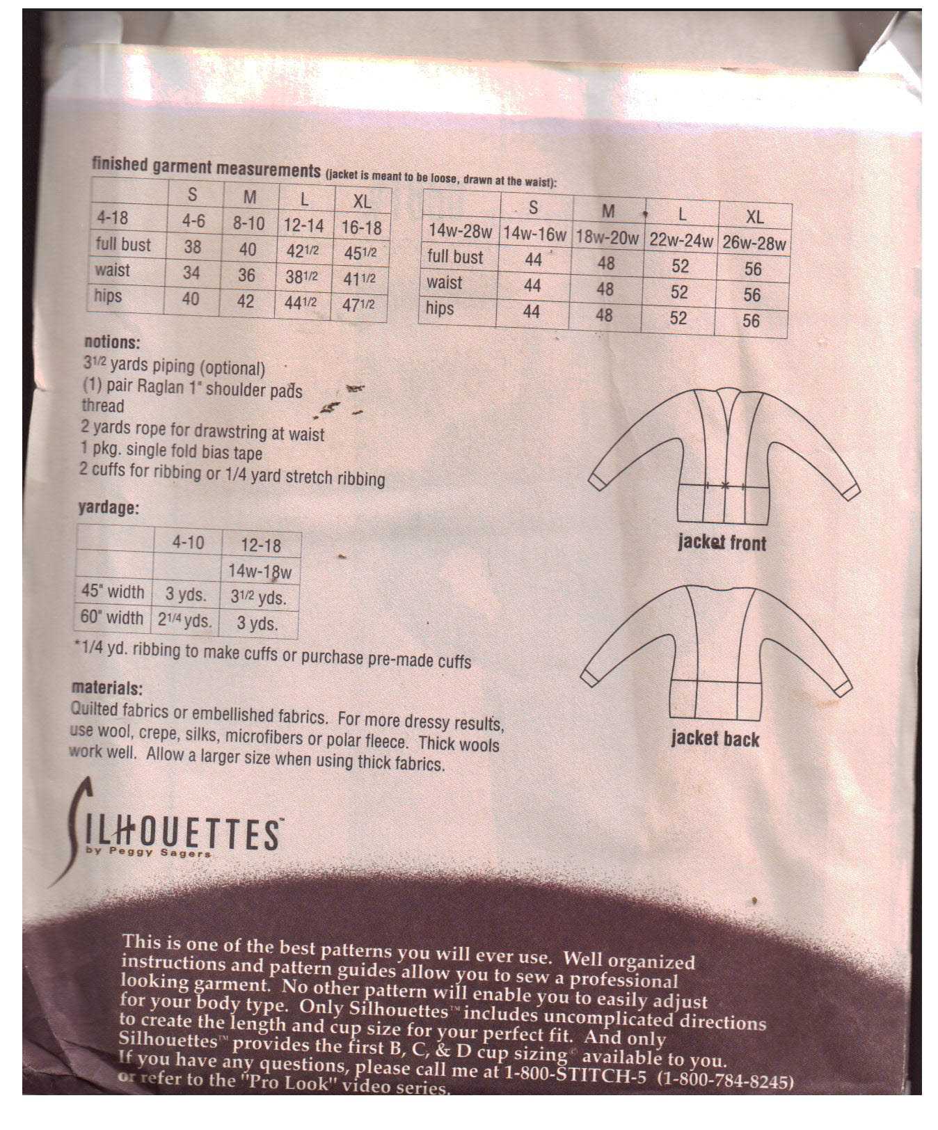 Silhoutte 1850 Quilted Jacket Size: 4-18 & 14W-28W Uncut Sewing Pattern - Image 2