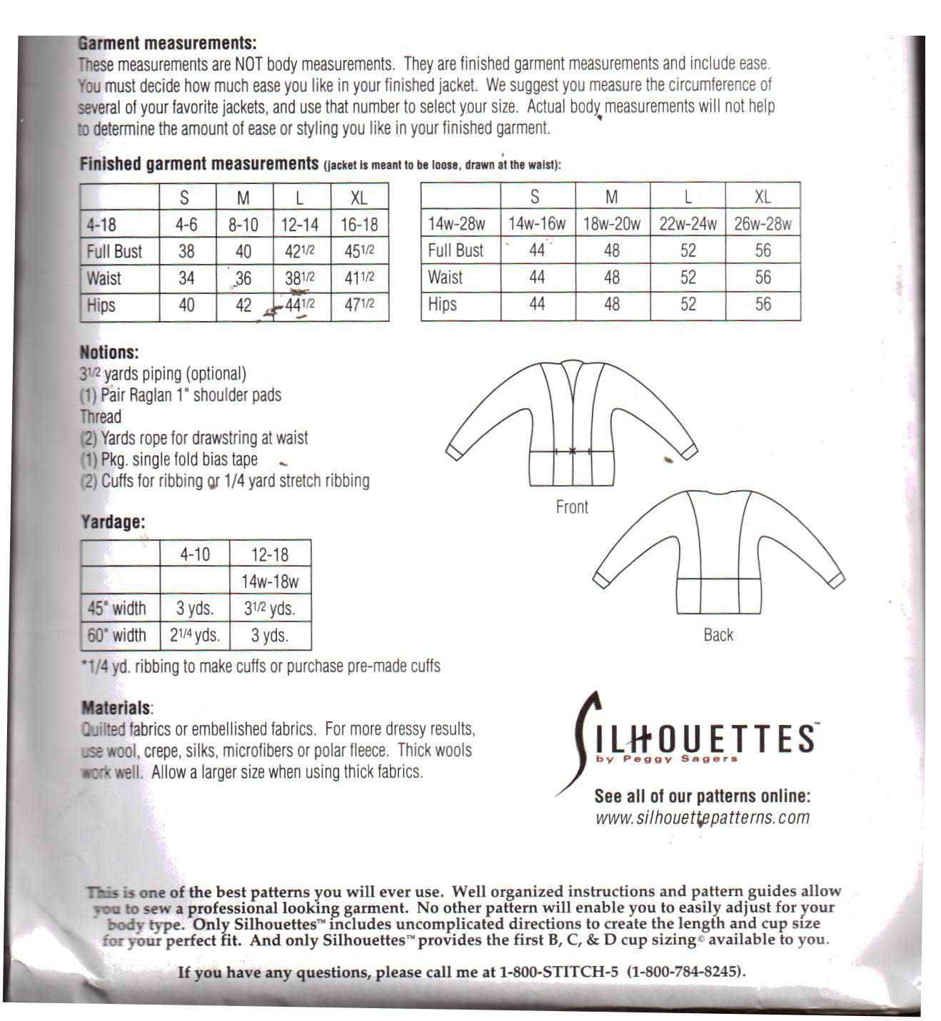Silhoutte 1850 Quilted Jacket Size: 4-18 & 14W-28W Uncut Sewing Pattern - Image 2