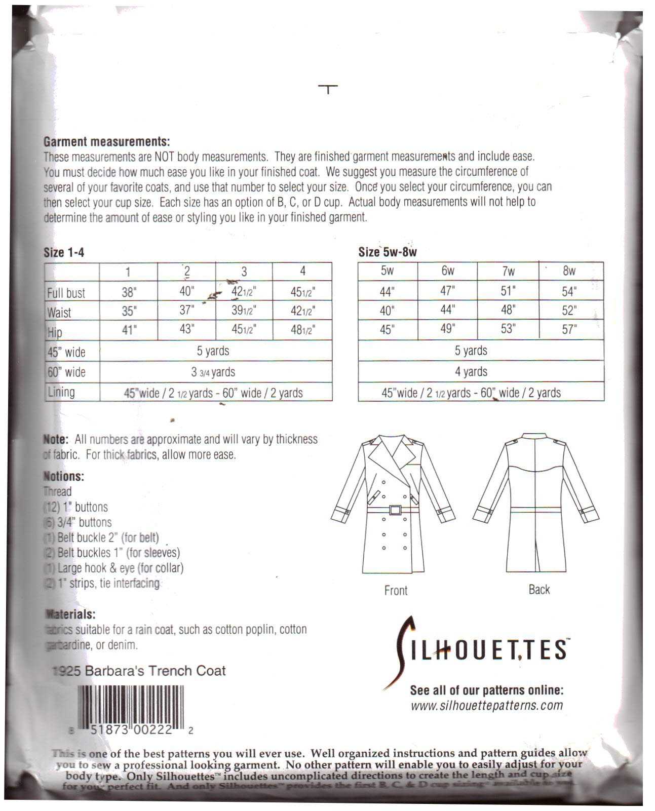 Silhoutte 1925 Barbara's Trench Size: 1-4 & 5W-8W Uncut Sewing Pattern - Image 2