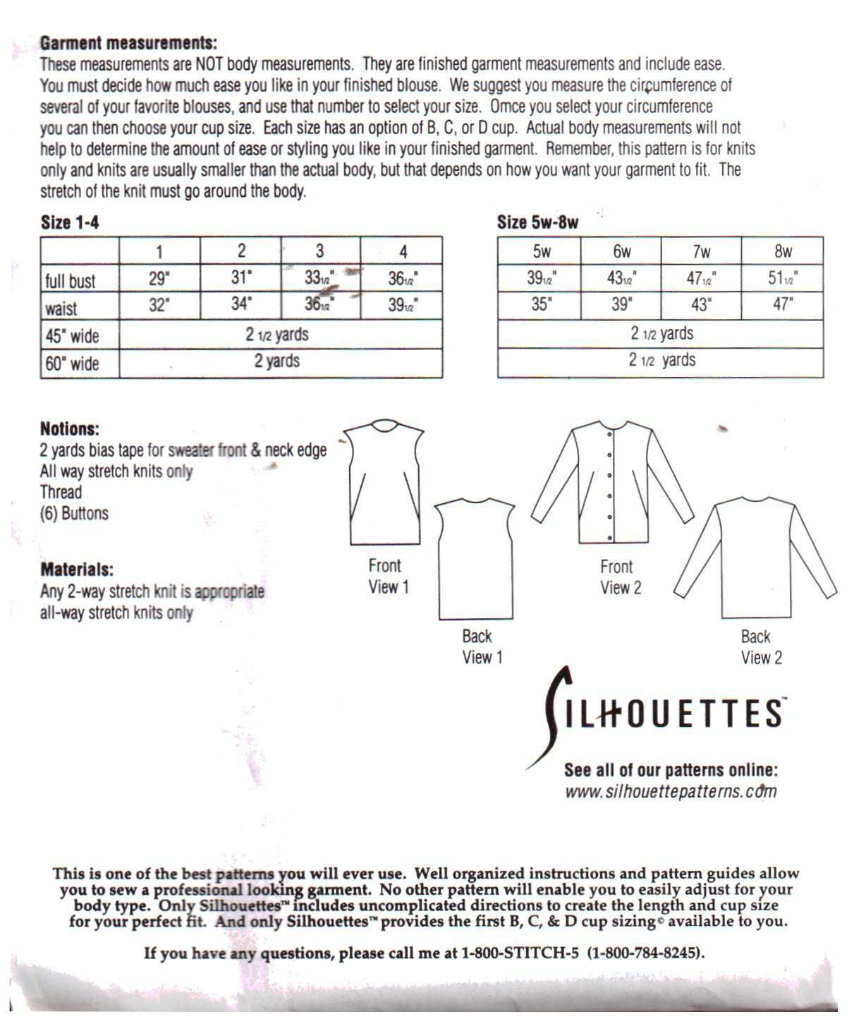 Silhoutte 195 Sweater Set Size: 1-4 & 5W-8W Uncut Sewing Pattern - Image 2