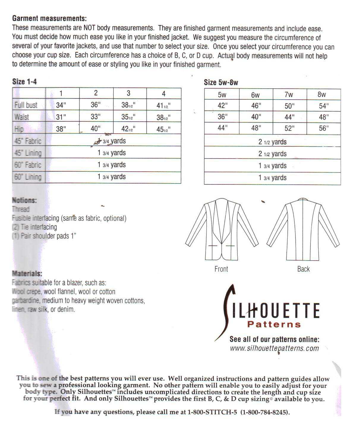 Silhoutte 1955 Jacket 148 Size: 1-4 & 5W-8W Uncut Sewing Pattern - Image 2