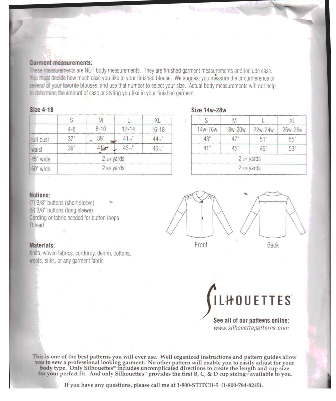 Silhoutte 200 Kate's Blouse Size: 4-18 & 14W-28W Uncut Sewing Pattern - Image 2