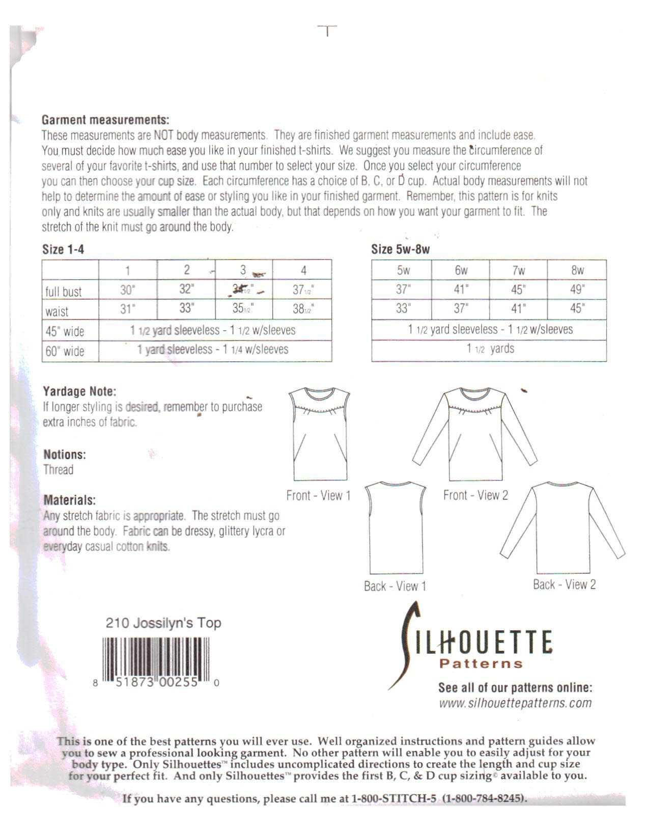 Silhoutte 210 Jossilyn's Top Size: 1-4 & 5W-8W Uncut Sewing Pattern - Image 2